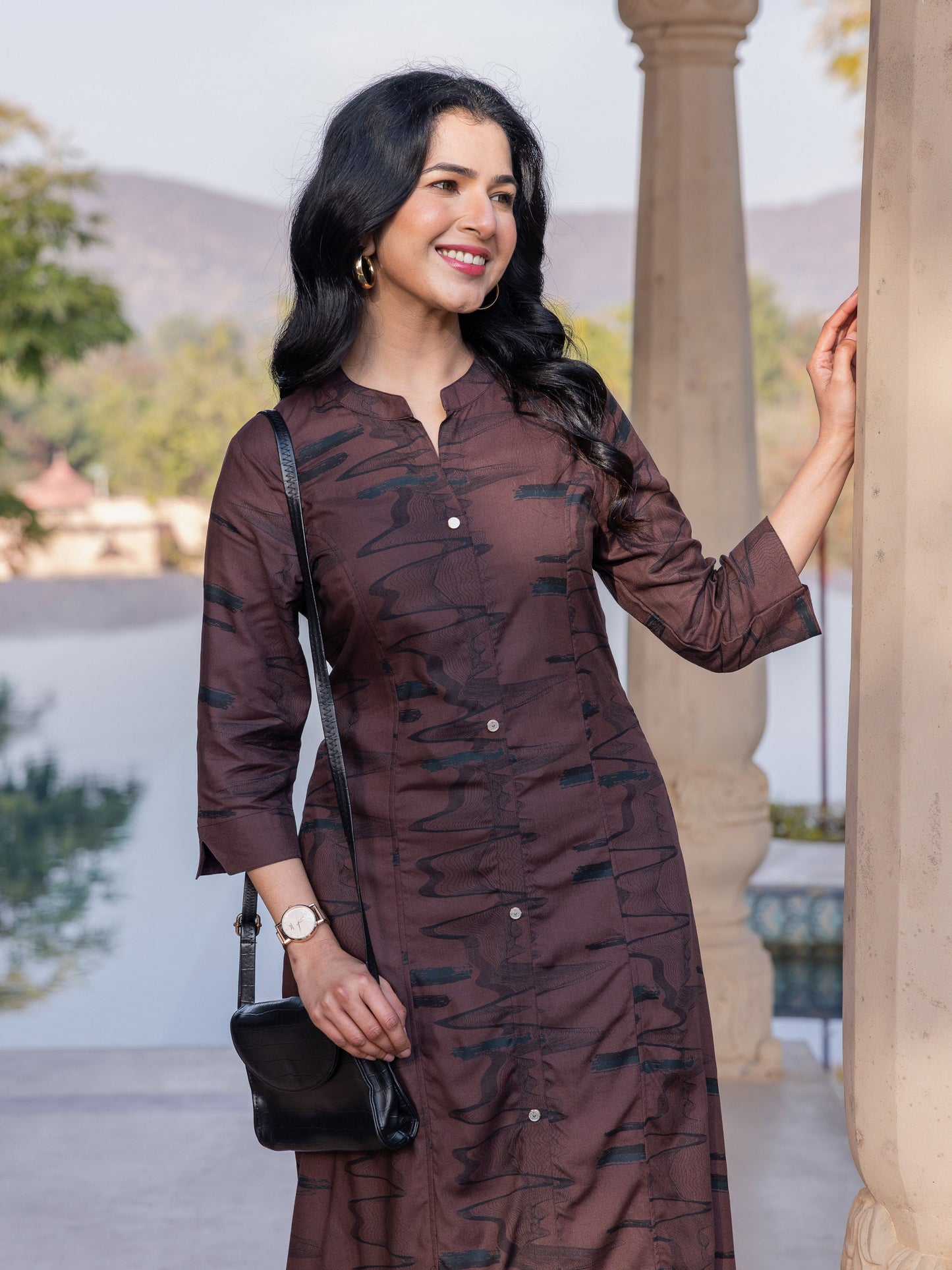Viscose Abstract A-line Brown Kurta