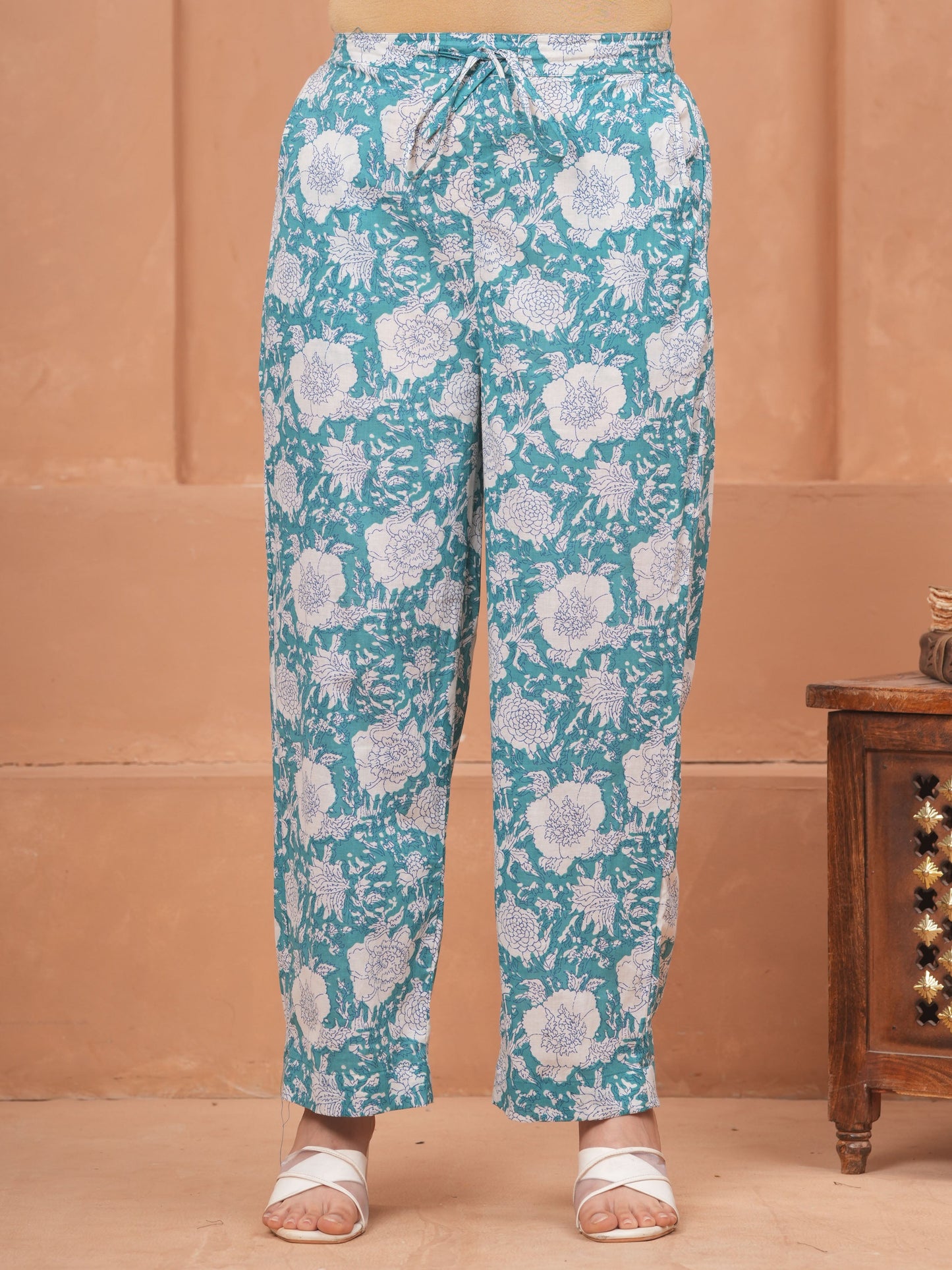 Soft Cotton Floral Teal Straight Trousers