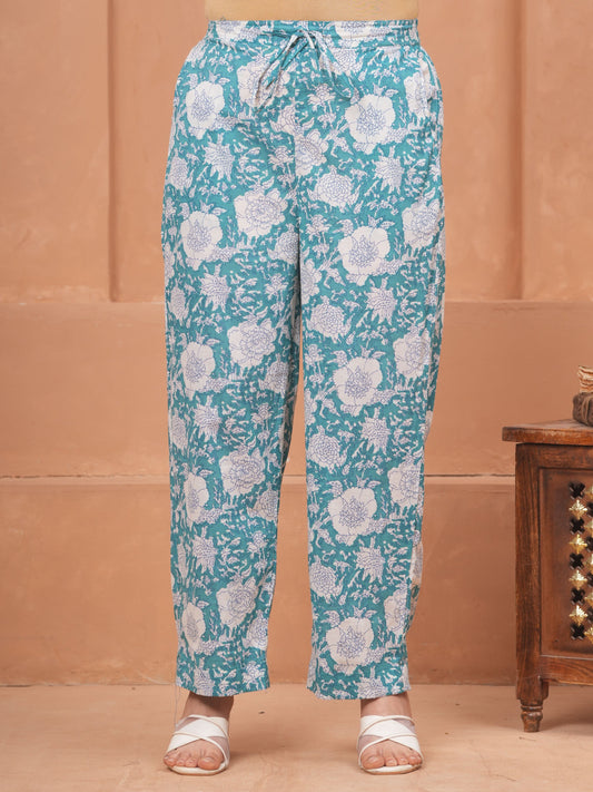 Soft Cotton Floral Teal Straight Trousers
