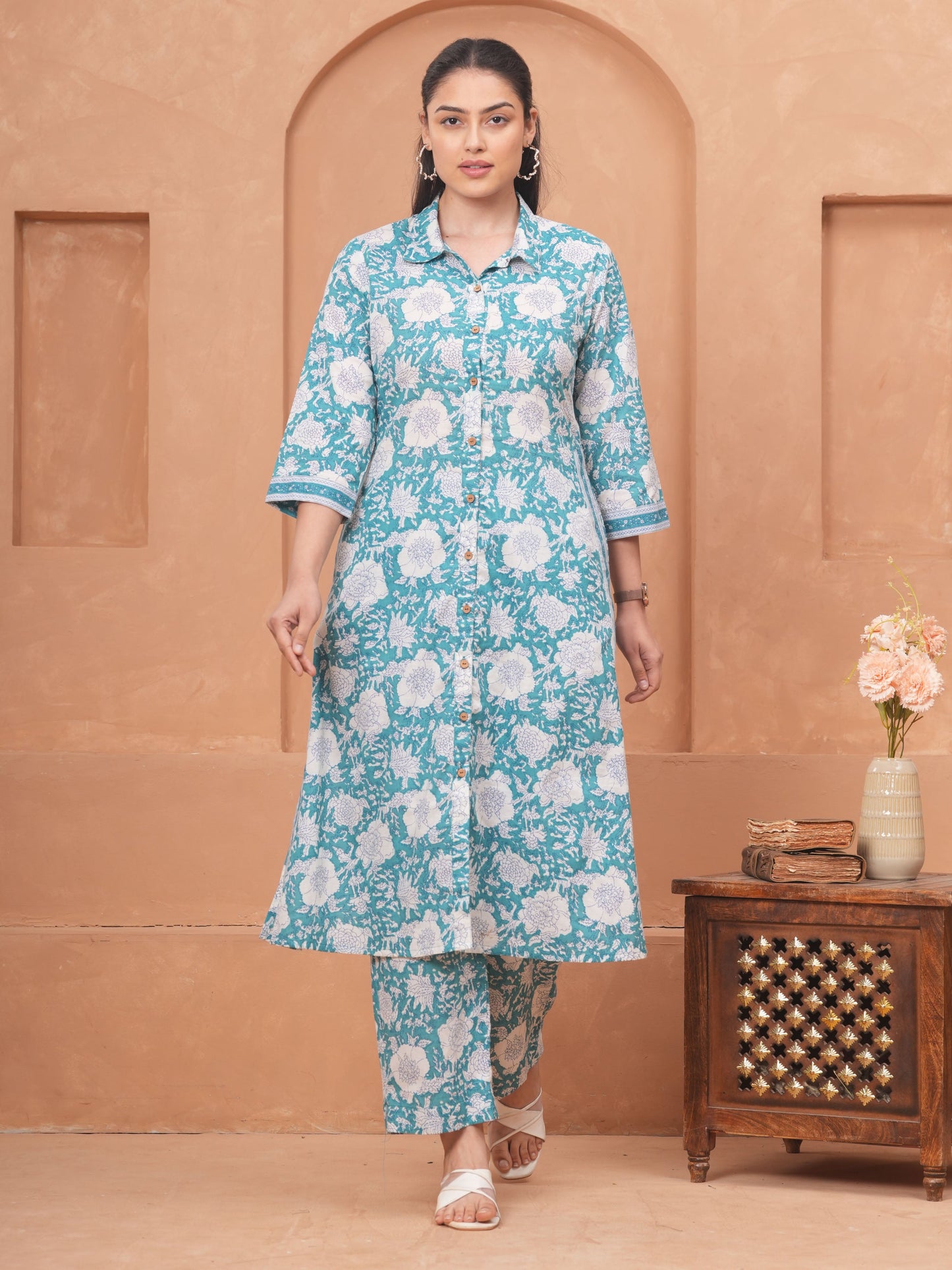 Soft Cotton Floral Flared Teal Kurta
