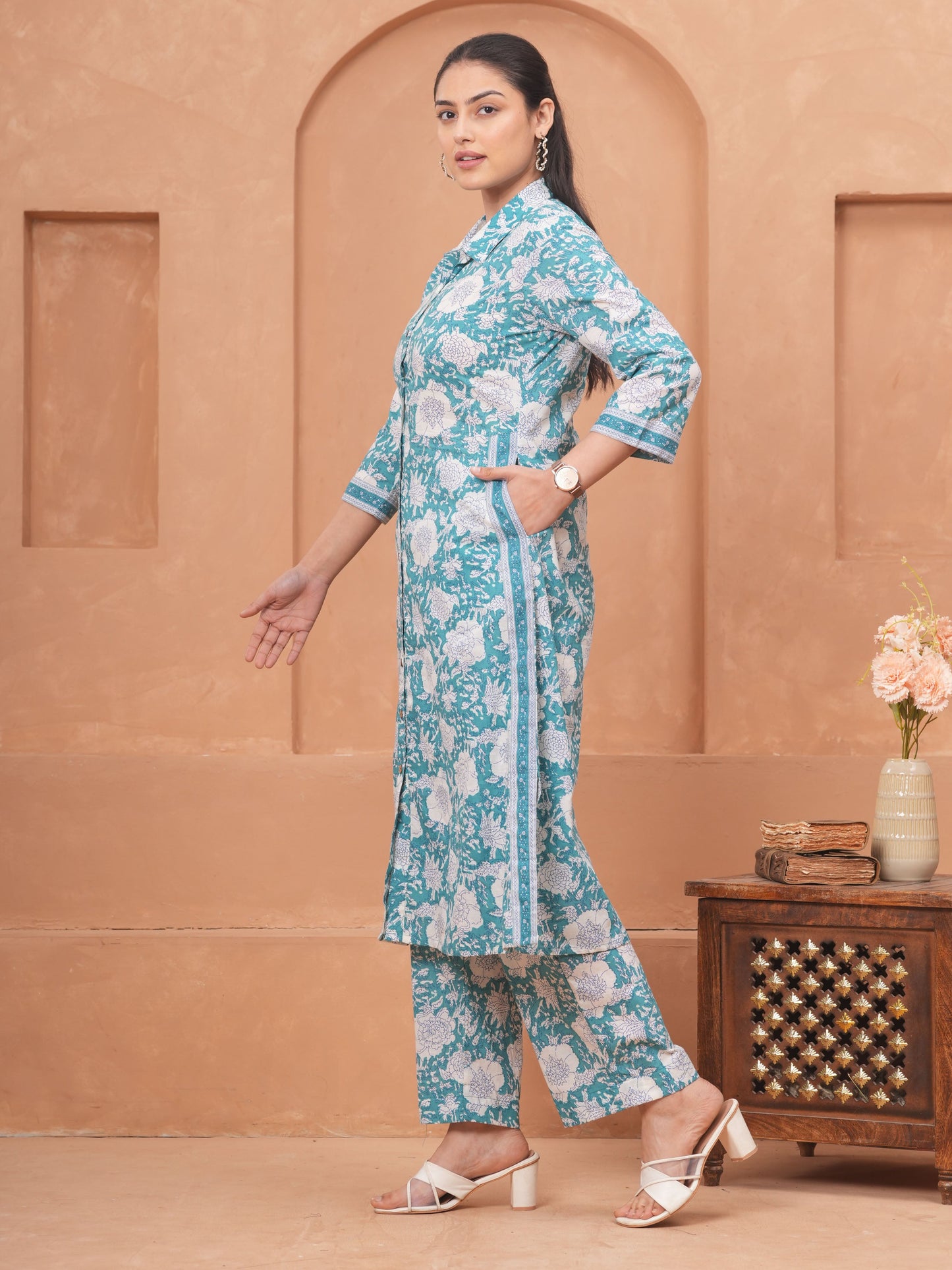 Soft Cotton Floral Flared Teal Kurta