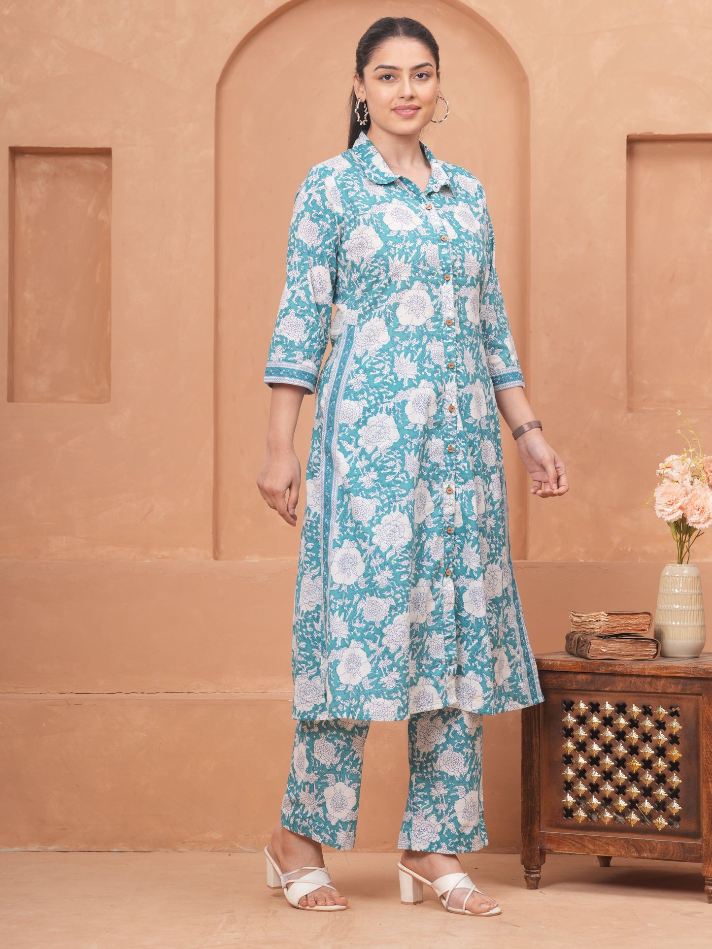 Soft Cotton Floral Flared Teal Kurta