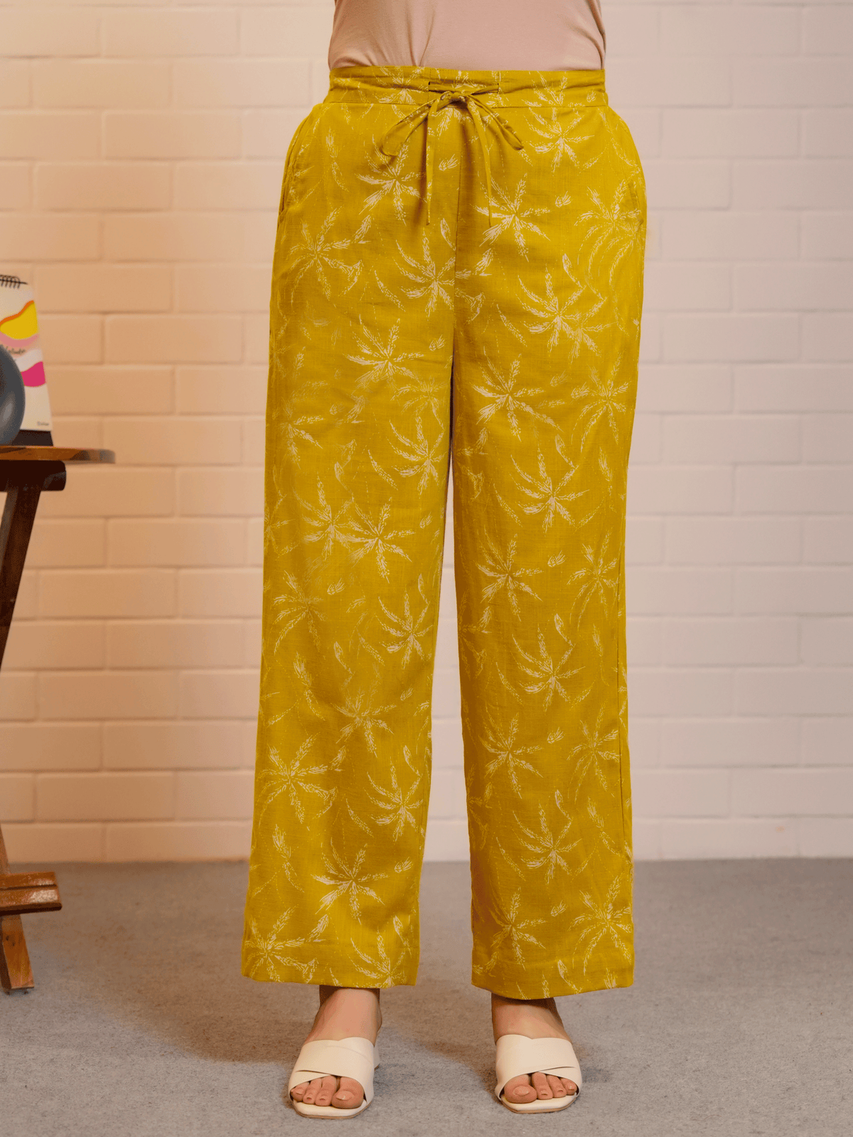 Slub cotton Floral Mustard Trousers Trousers