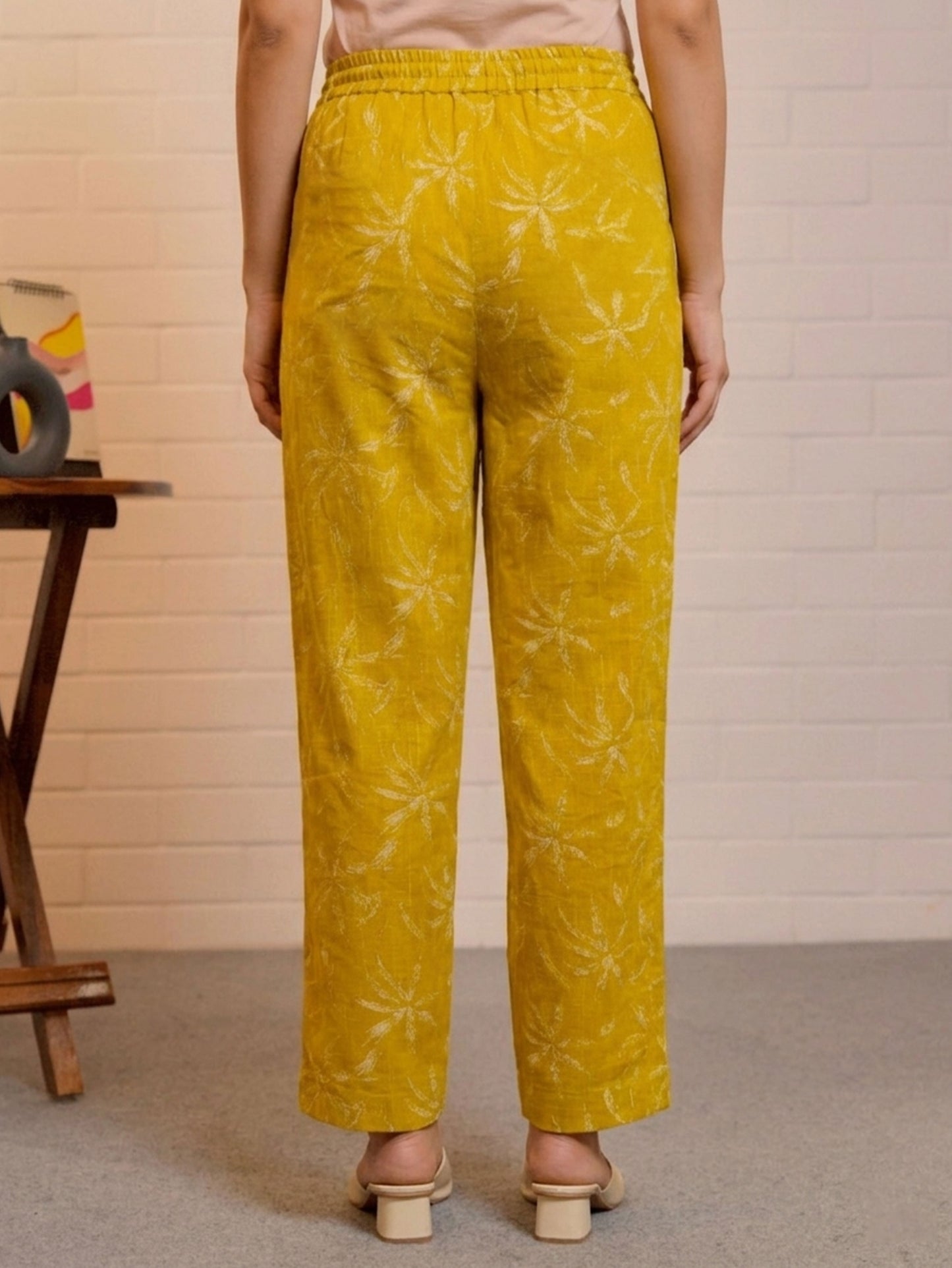 Slub cotton Floral Mustard Trousers Trousers