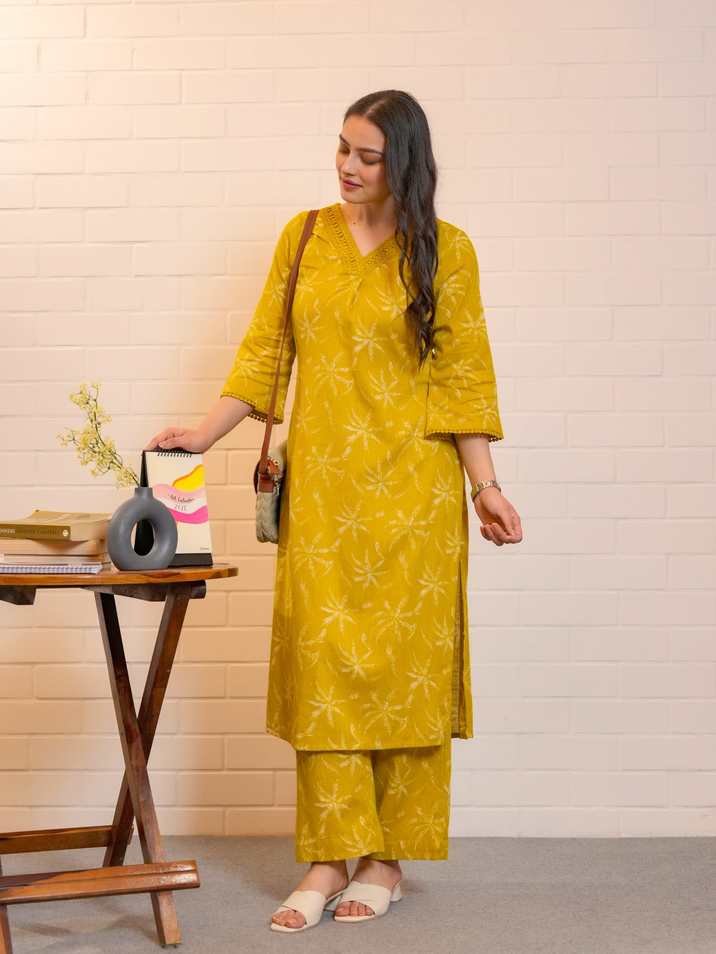 Slub cotton Floral Straight Mustard Kurta
