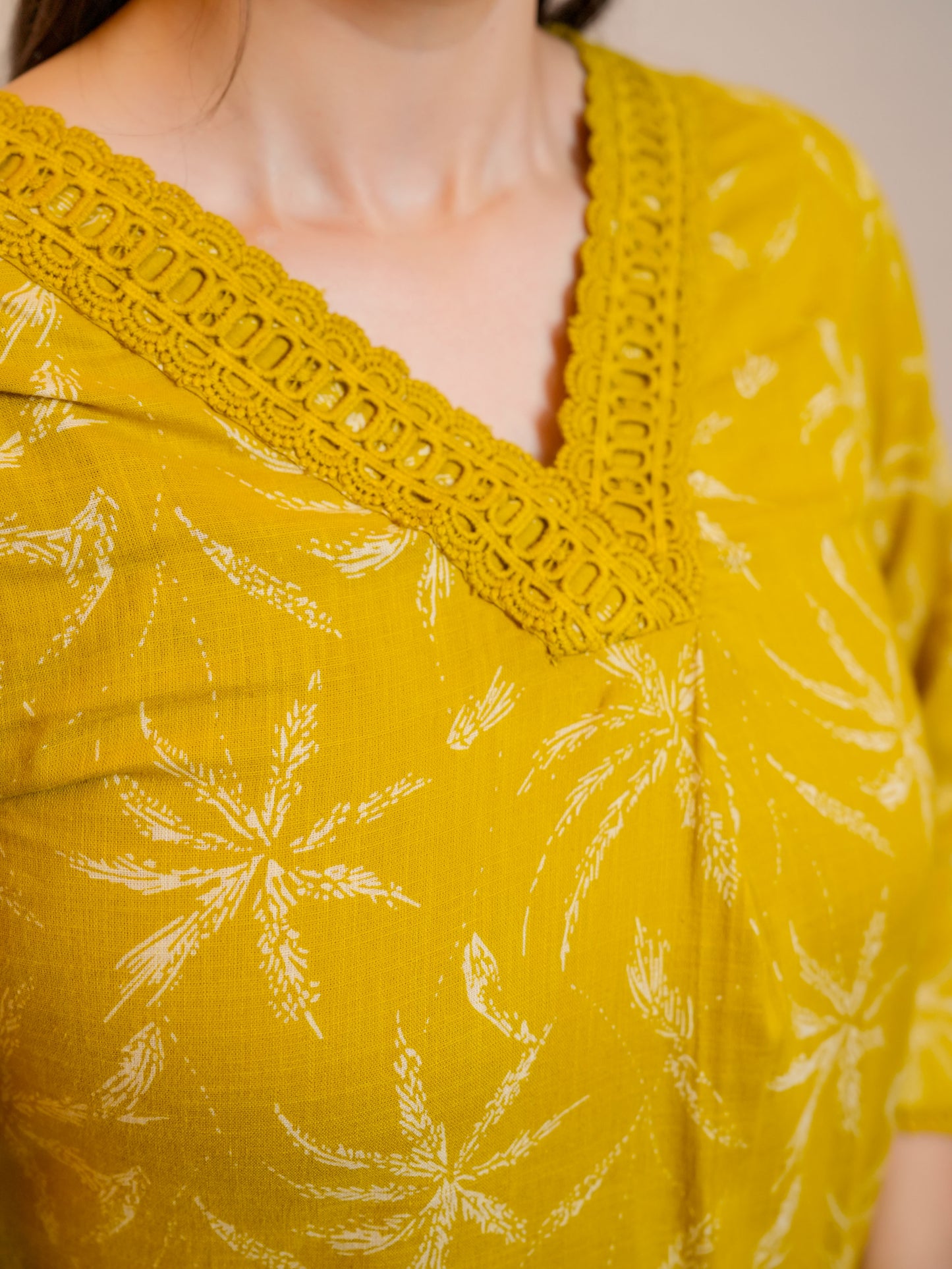 Slub cotton Floral Straight Mustard Kurta