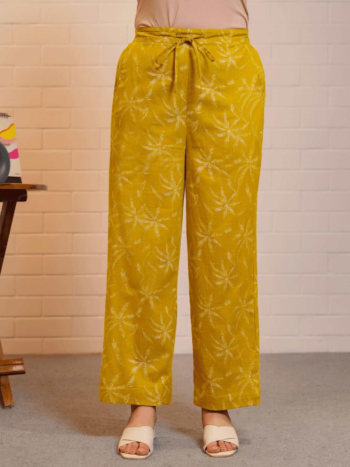 Slub cotton Floral Mustard Trousers Trousers