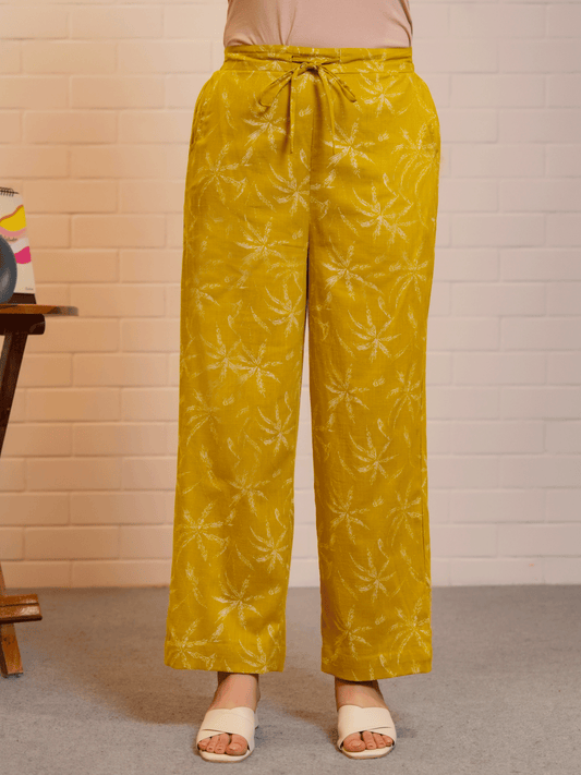 Slub cotton Floral Mustard Trousers Trousers