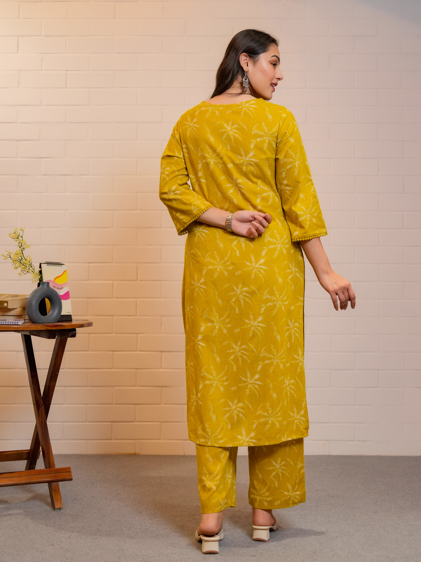 Slub cotton Floral Straight Mustard Kurta