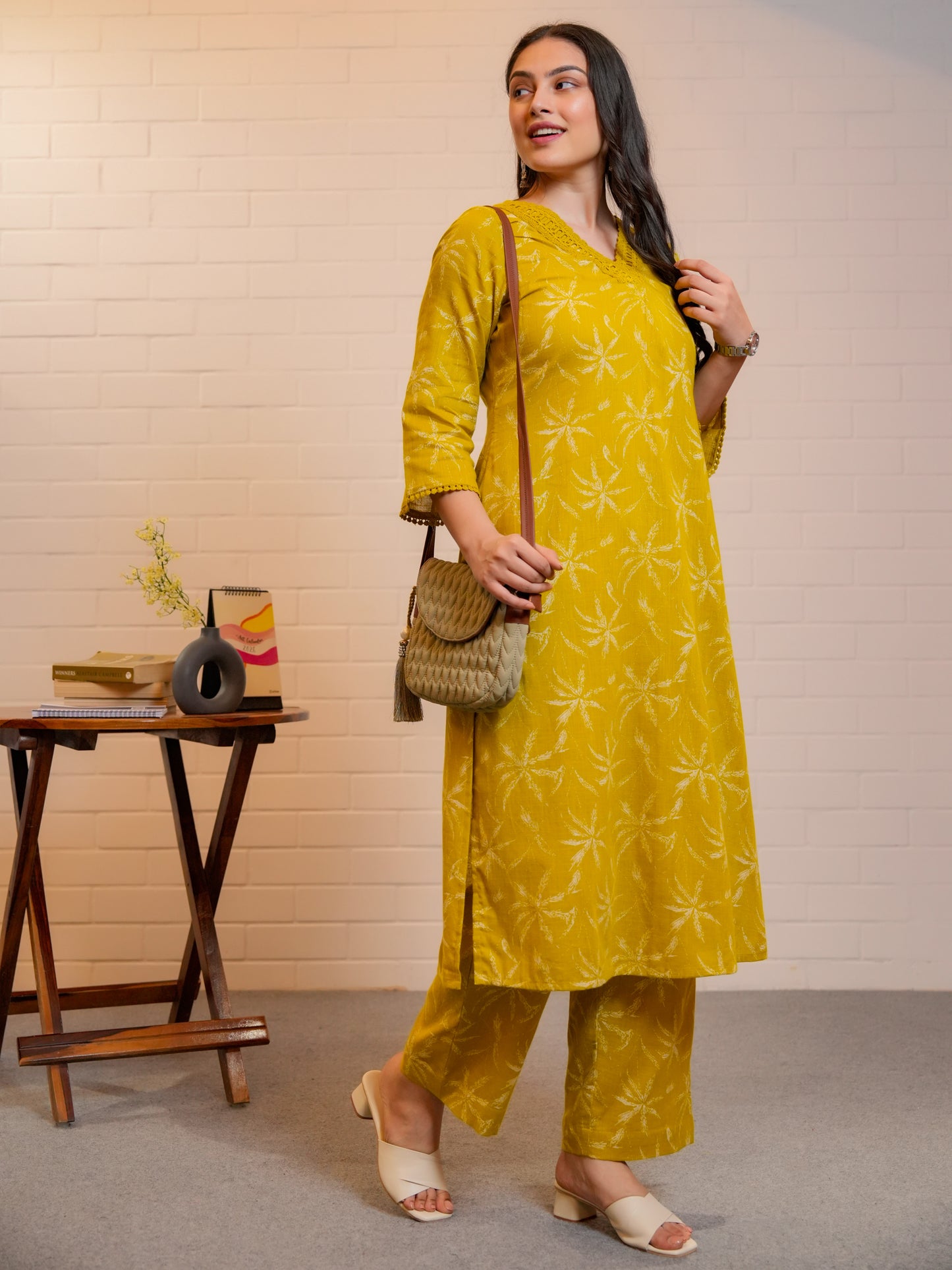 Slub cotton Floral Straight Mustard Kurta