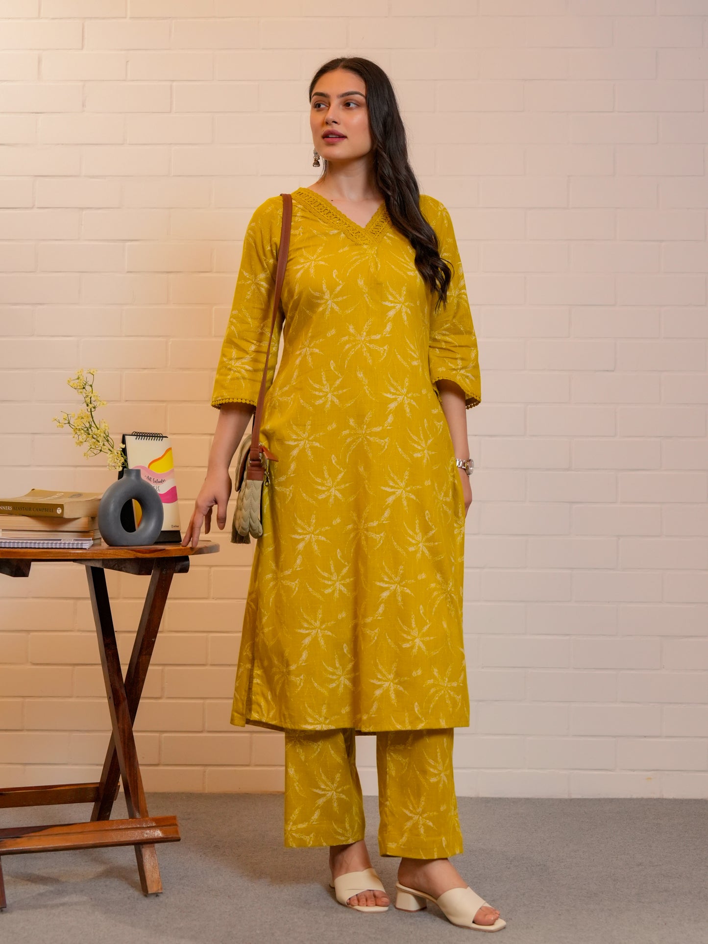 Slub cotton Floral Straight Mustard Kurta