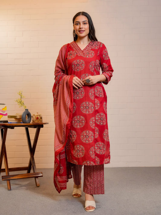 Cotton Voile Geometric Rust Dupatta