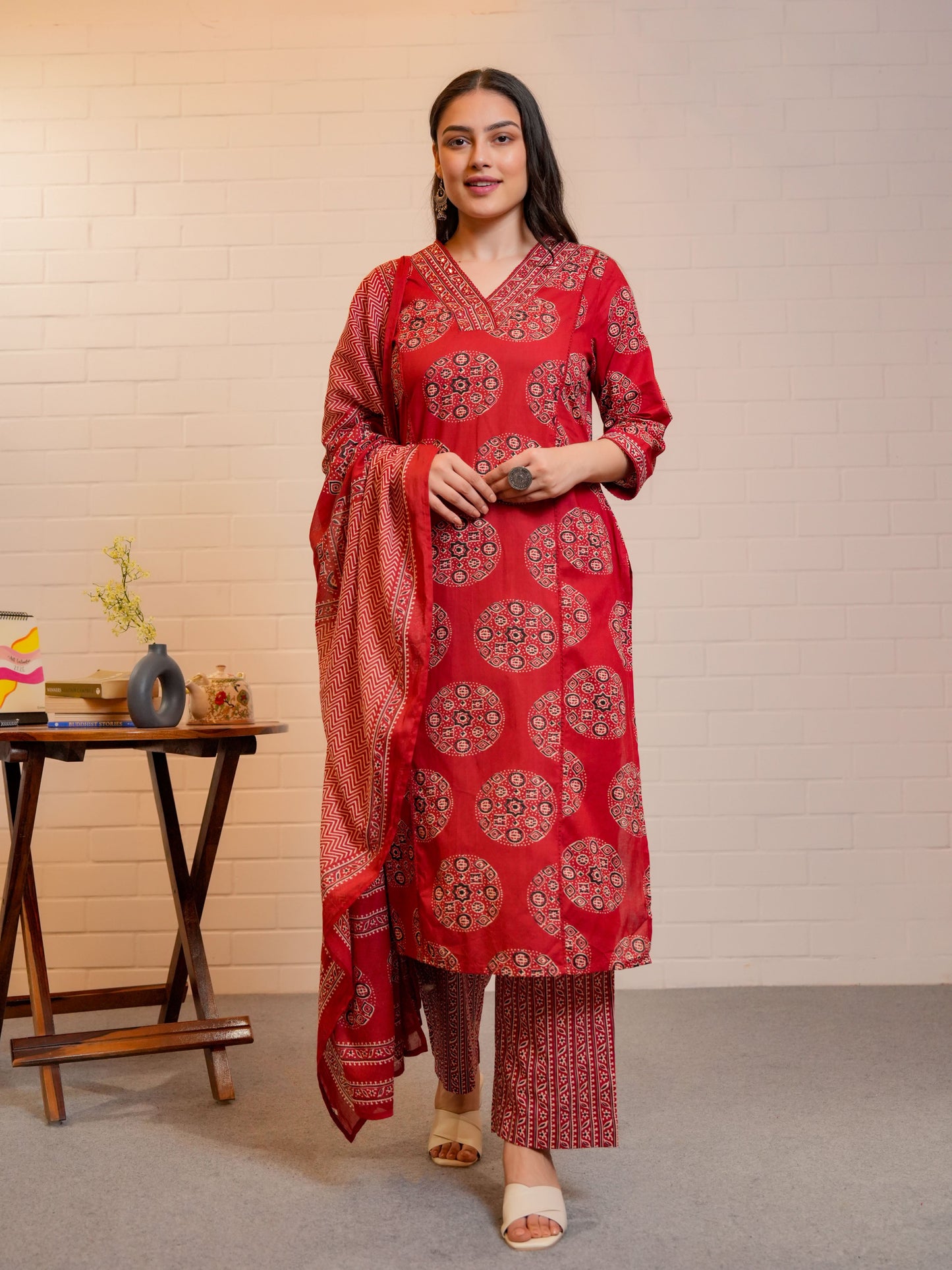 Embroidered Soft Cotton Geometric Straight Rust Kurta