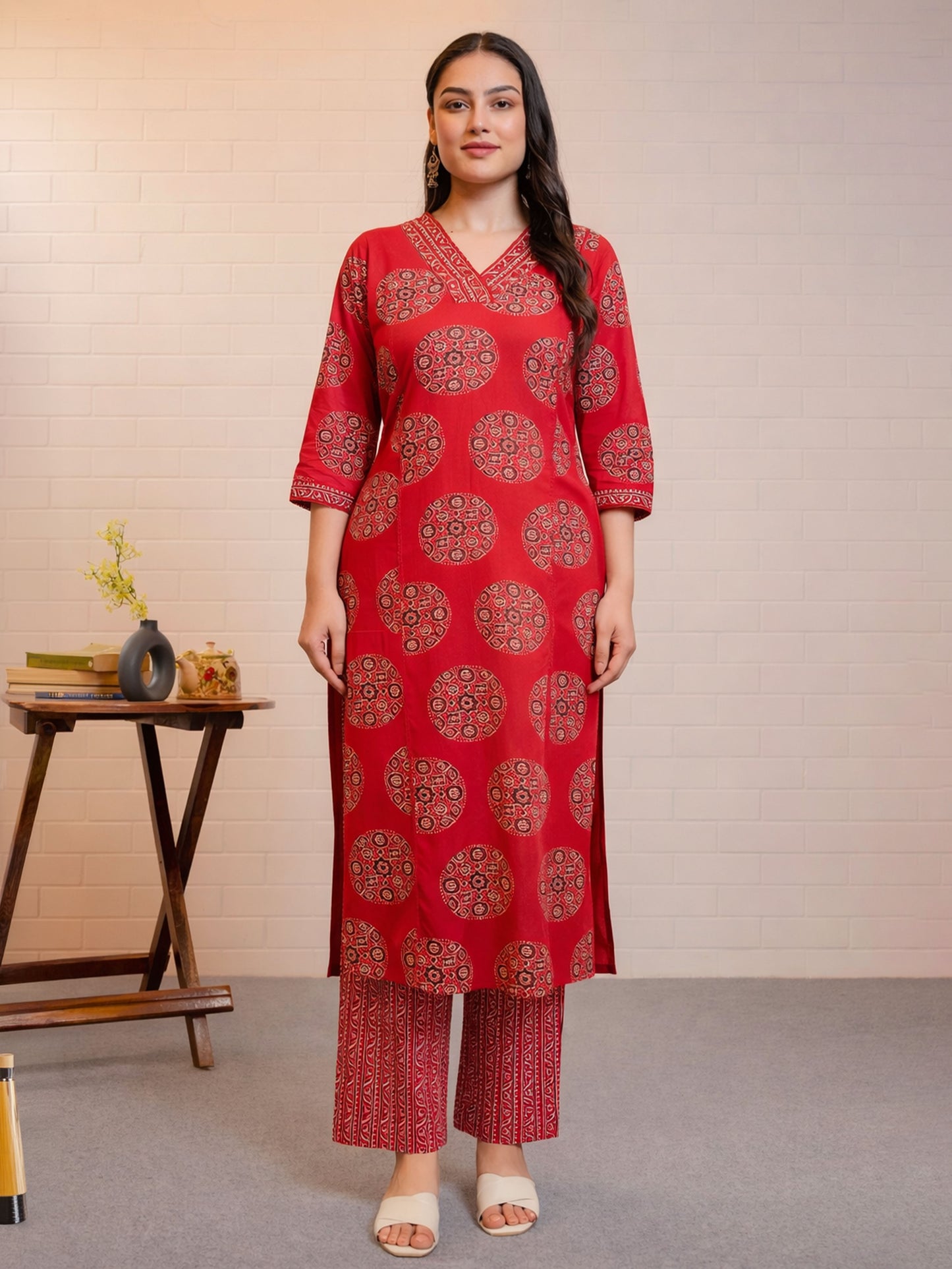 Embroidered Soft Cotton Geometric Straight Rust Kurta