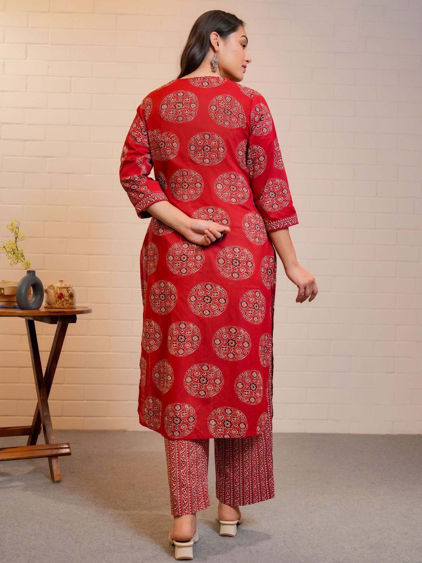Embroidered Soft Cotton Geometric Straight Rust Kurta