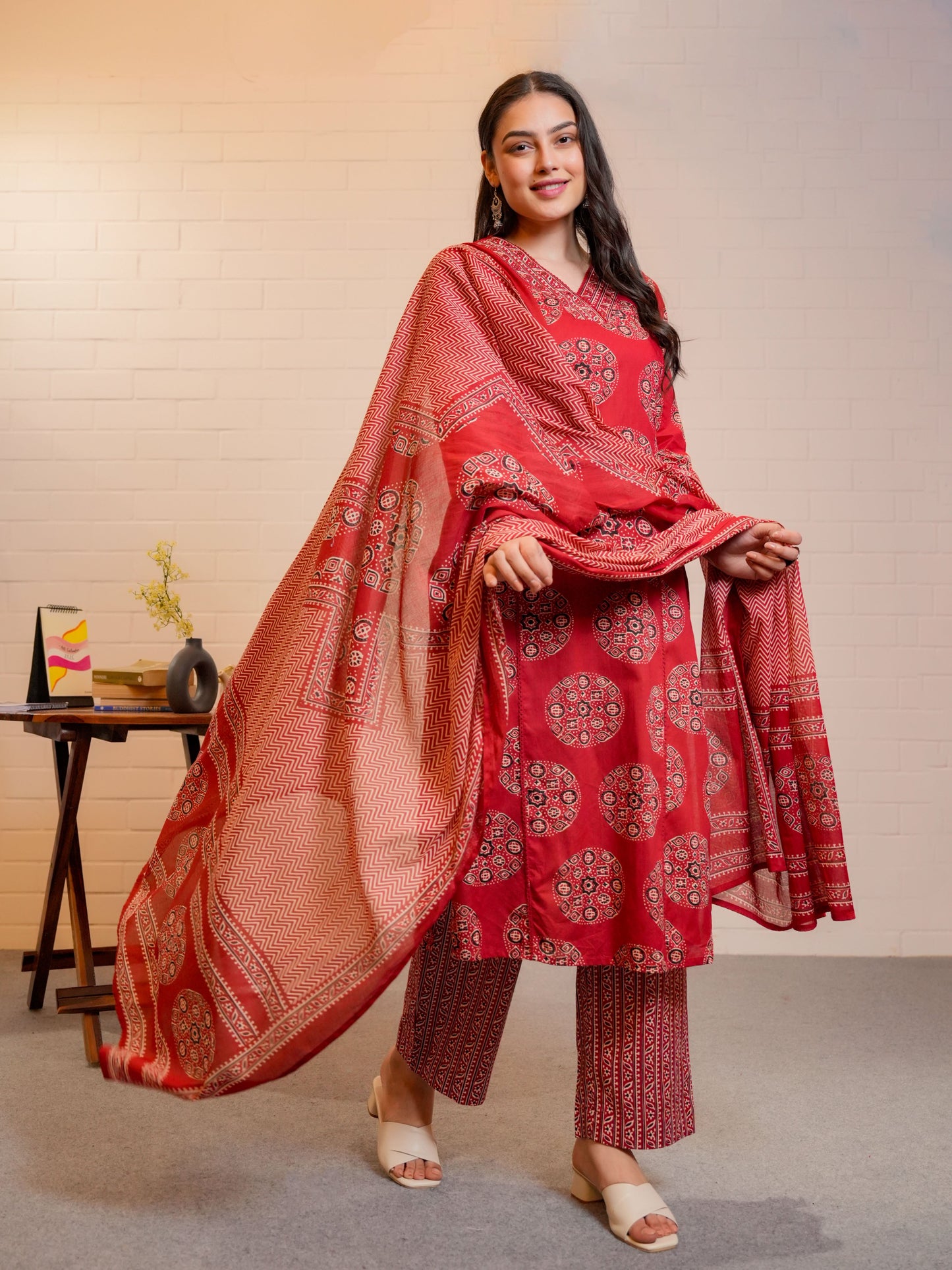 Embroidered Soft Cotton Geometric Straight Rust Kurta