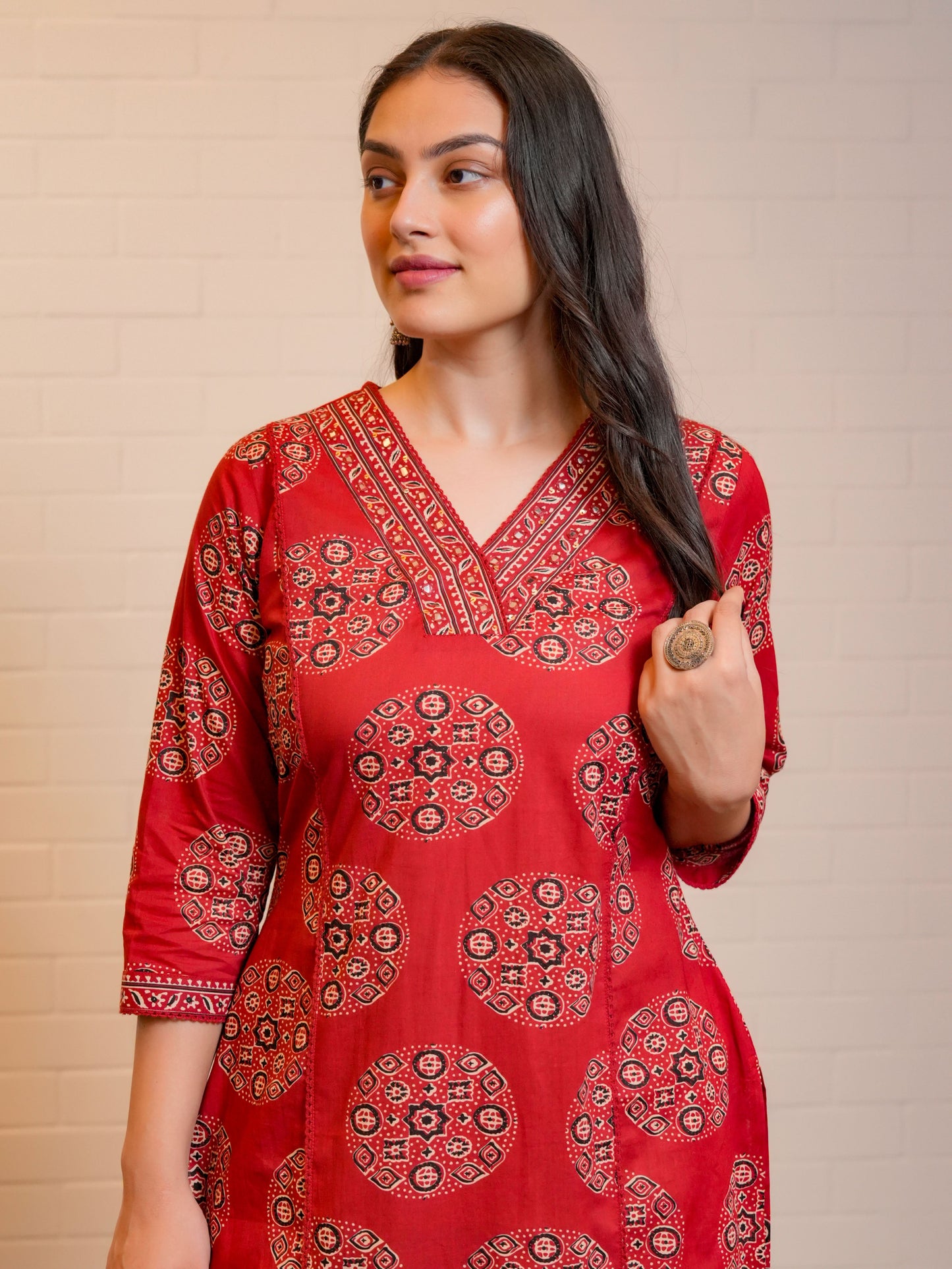 Embroidered Soft Cotton Geometric Straight Rust Kurta