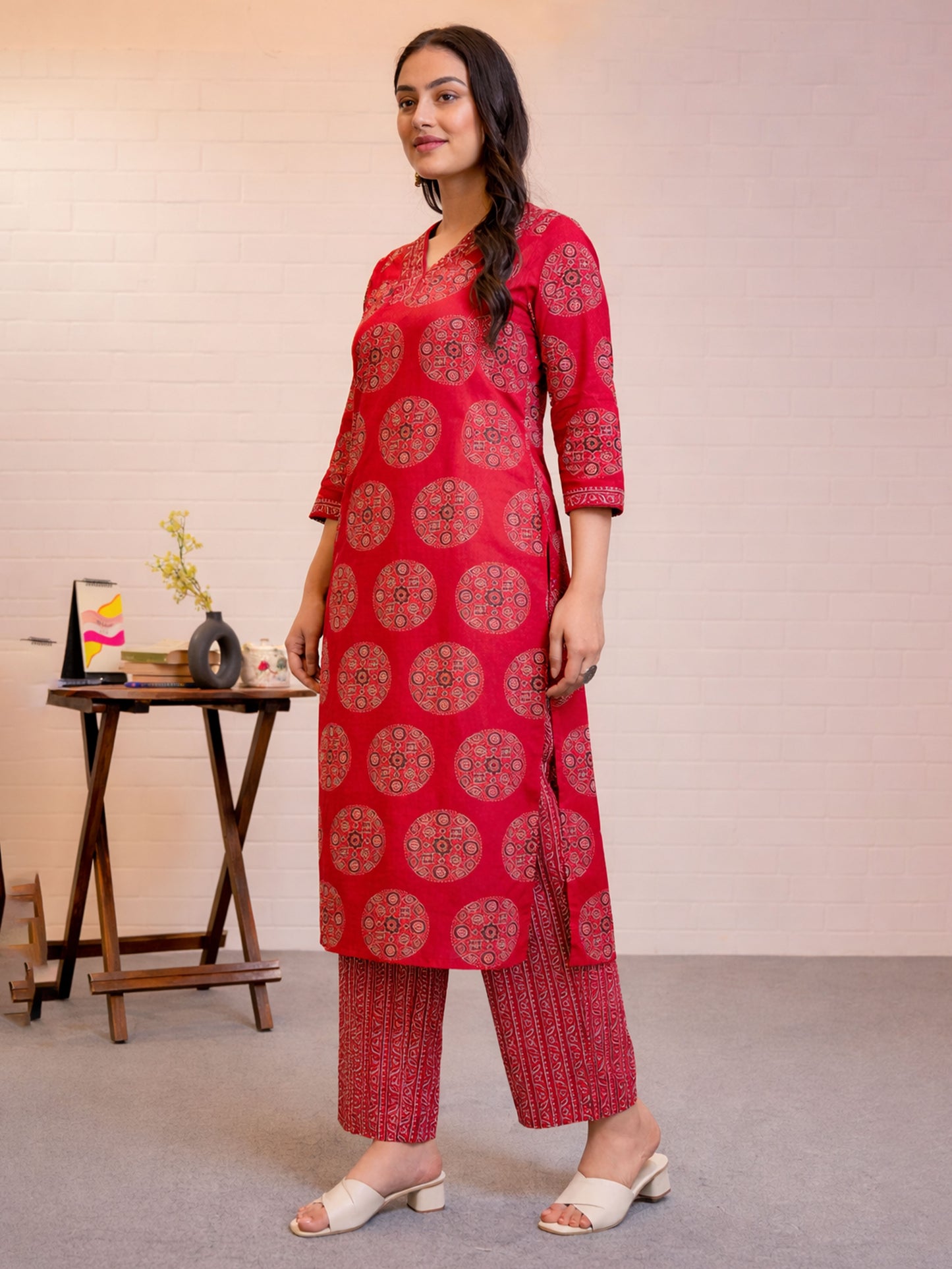 Embroidered Soft Cotton Geometric Straight Rust Kurta