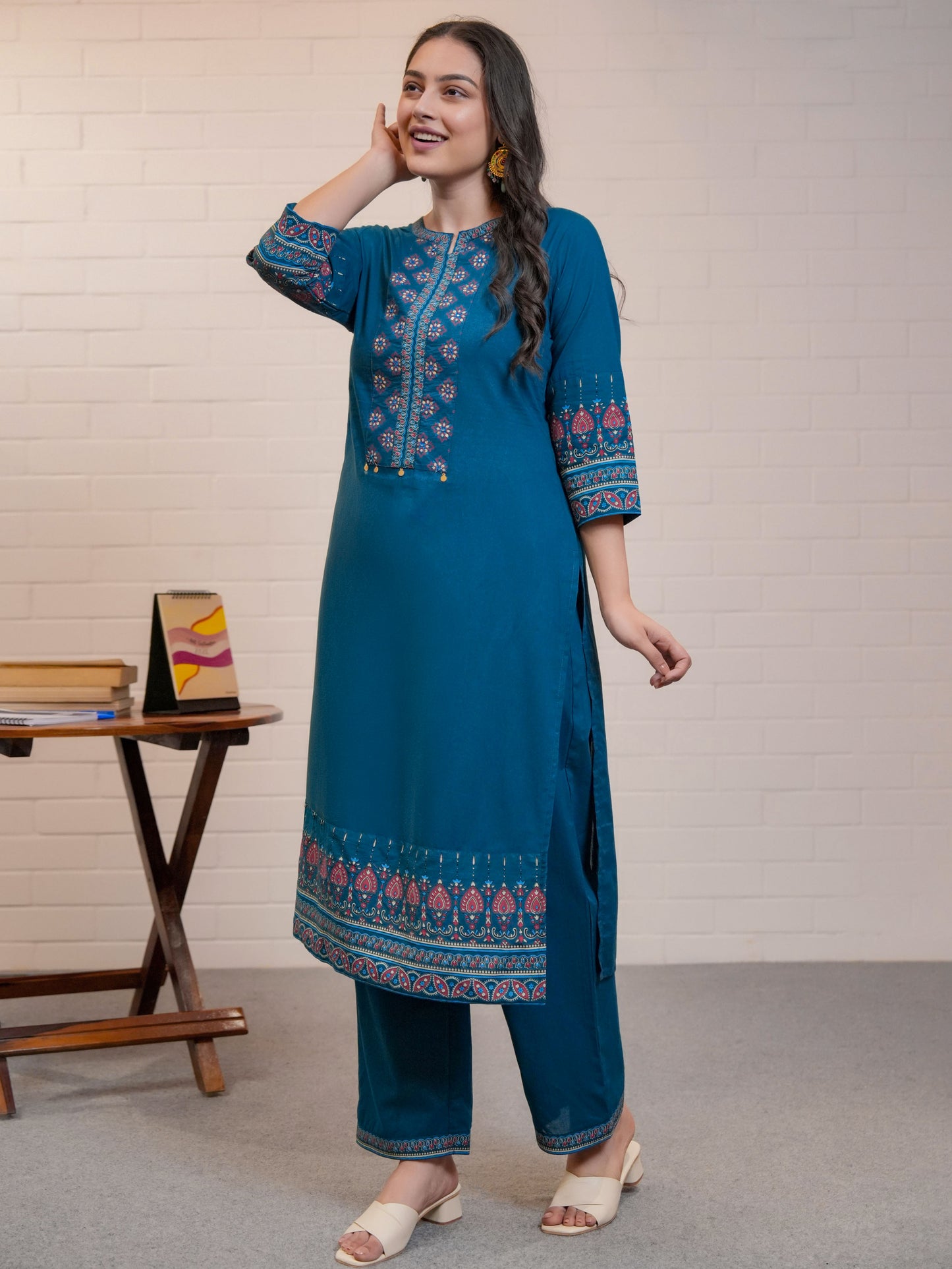 Embroidered Soft Cotton Butta A-line Blue Kurta