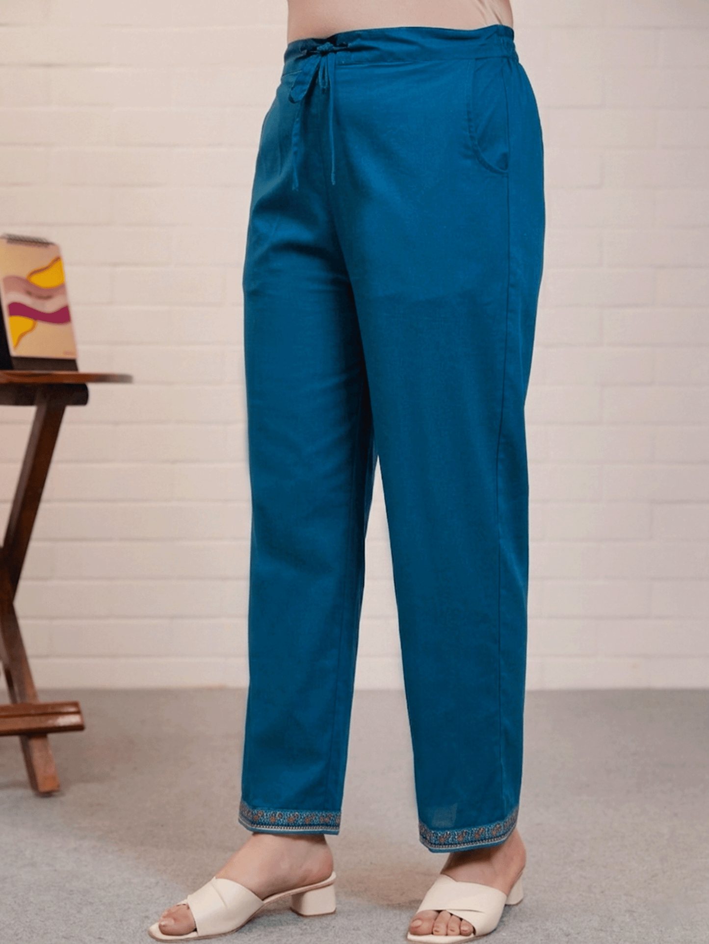 Soft Cotton Butta Blue Straight Trousers