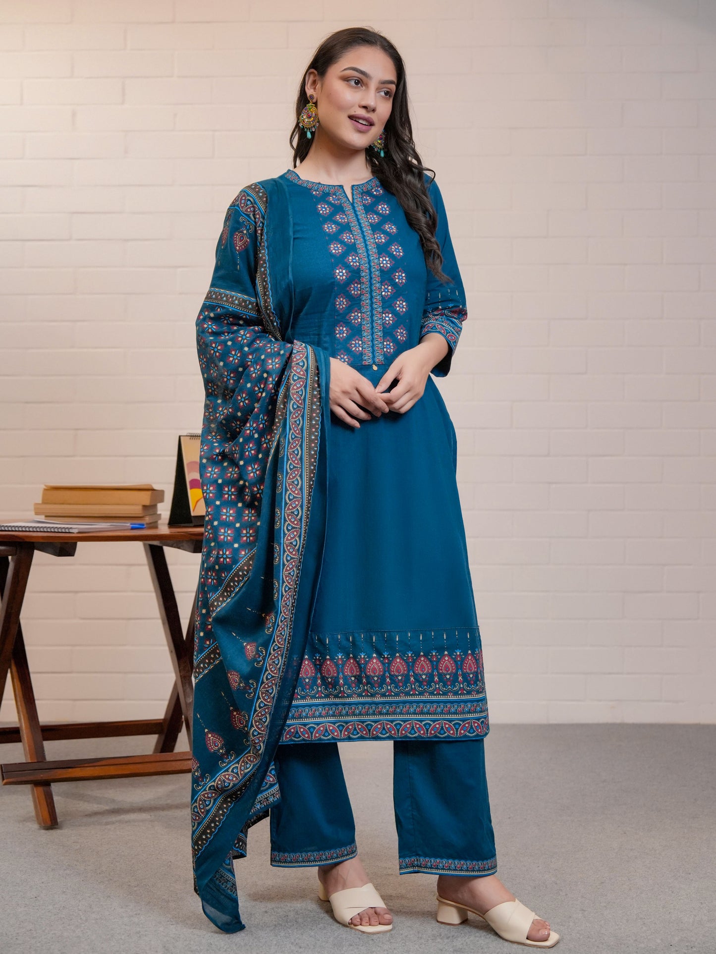 Embroidered Soft Cotton Butta A-line Blue Kurta
