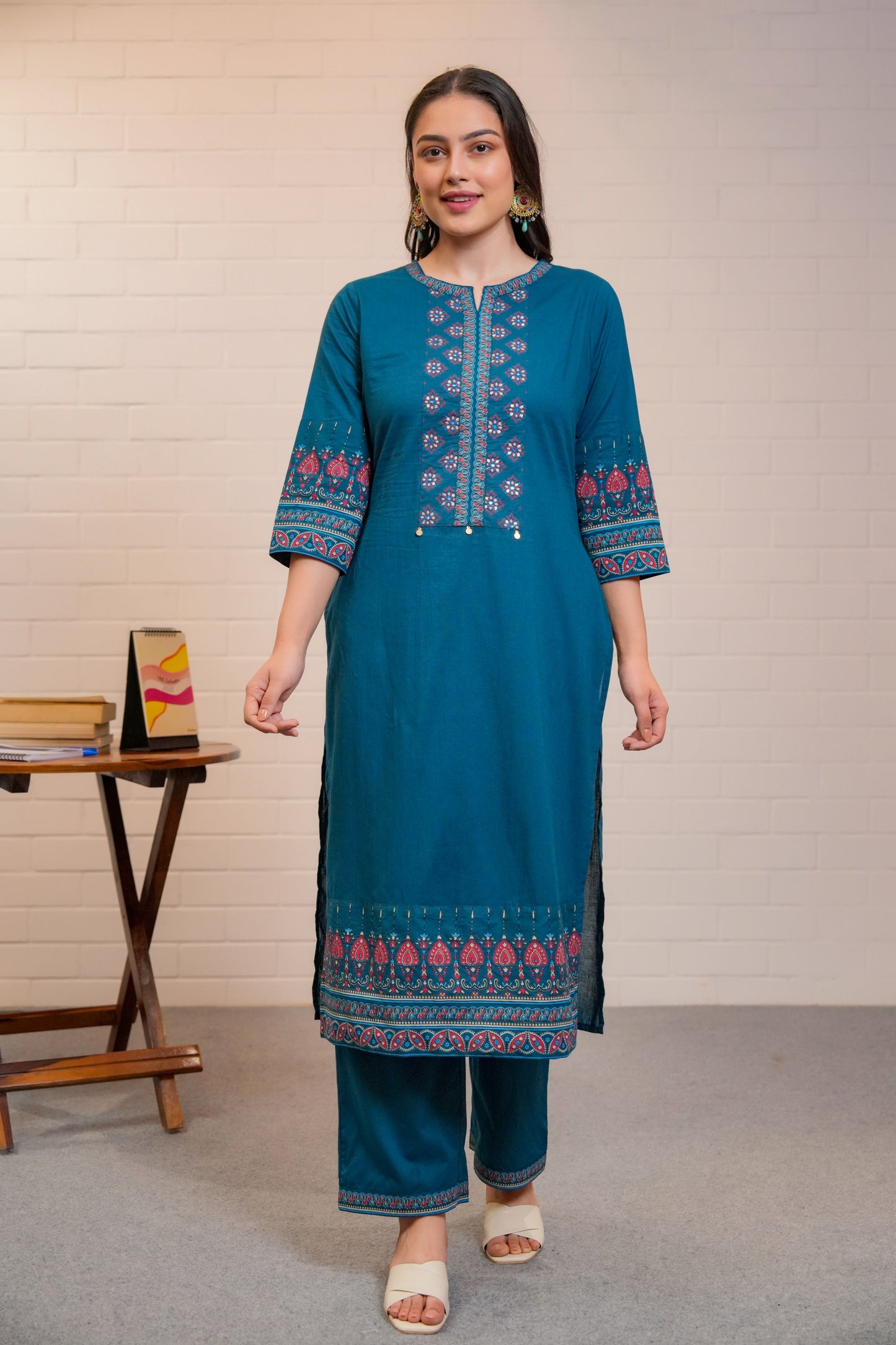 Embroidered Soft Cotton Butta A-line Blue Kurta
