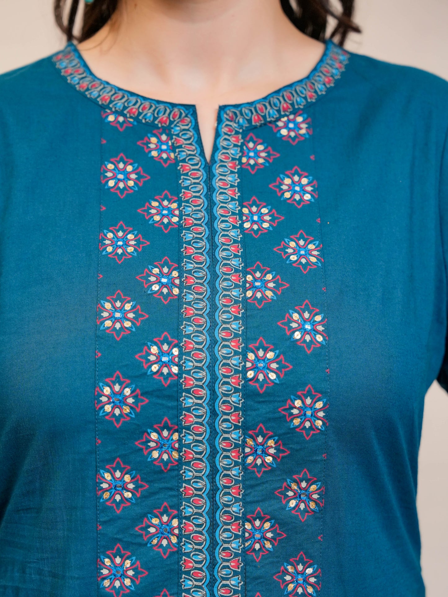 Embroidered Soft Cotton Butta A-line Blue Kurta