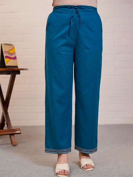 Soft Cotton Butta Blue Straight Trousers