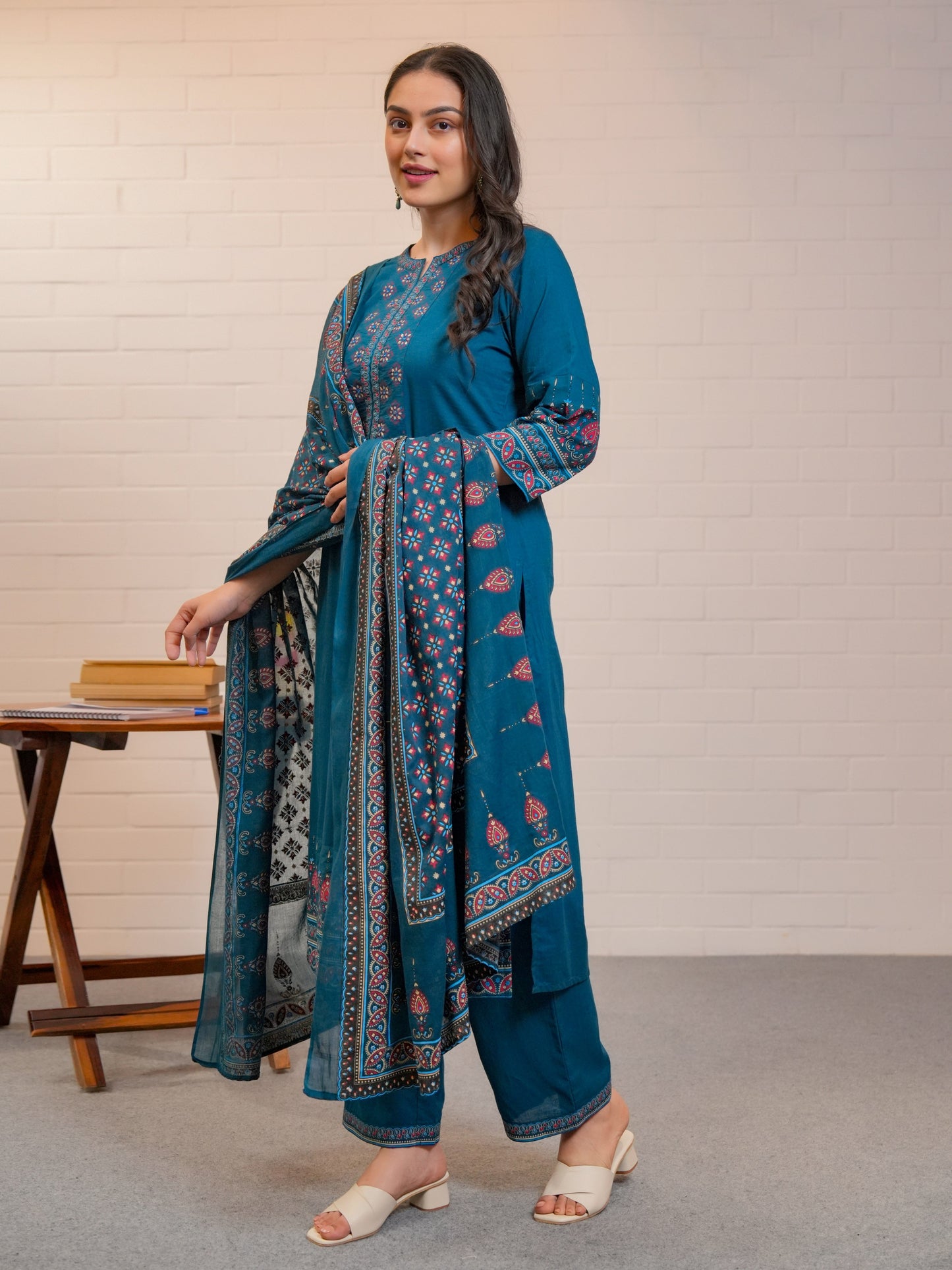 Embroidered Soft Cotton Butta A-line Blue Kurta