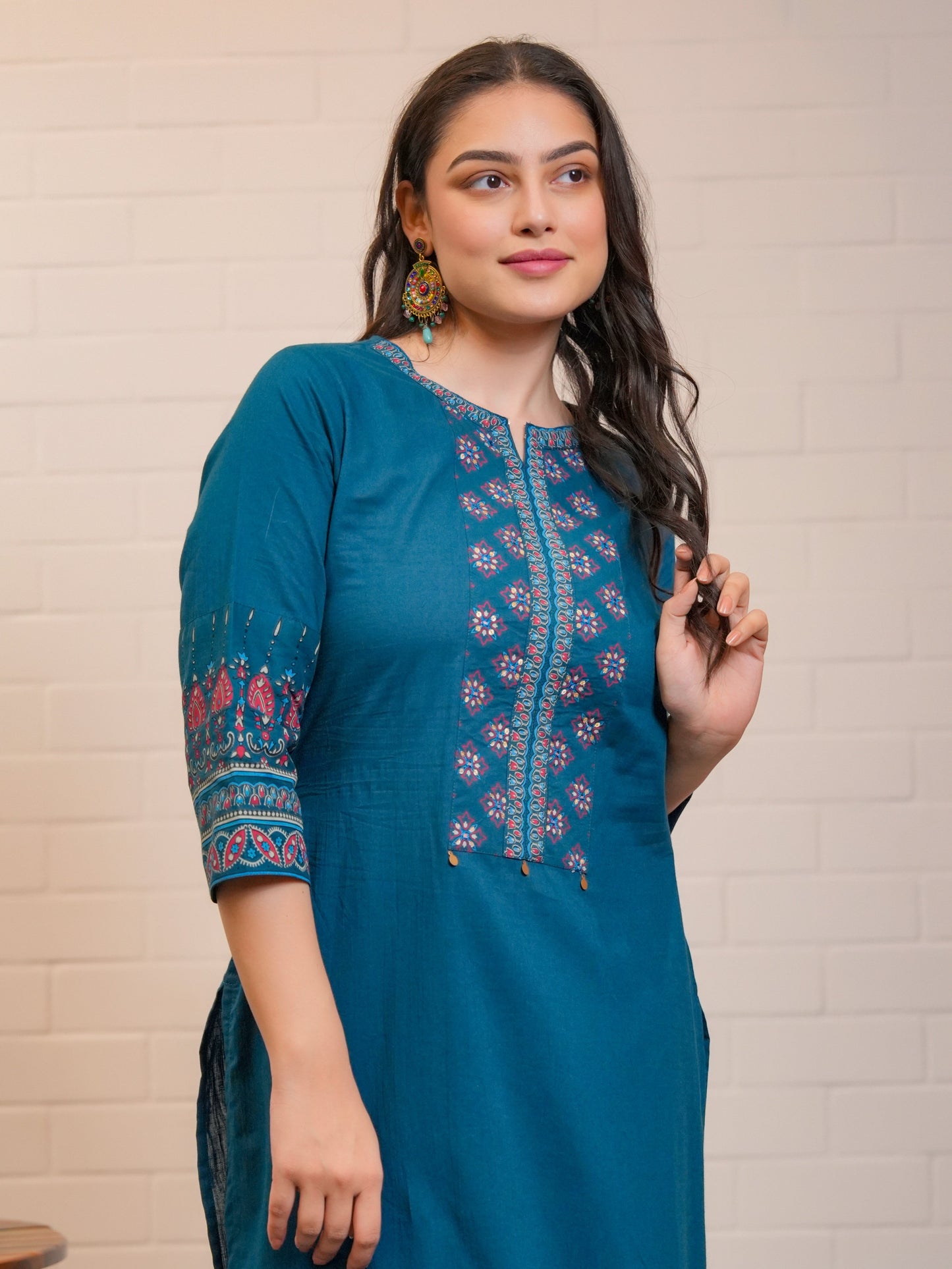 Embroidered Soft Cotton Butta A-line Blue Kurta