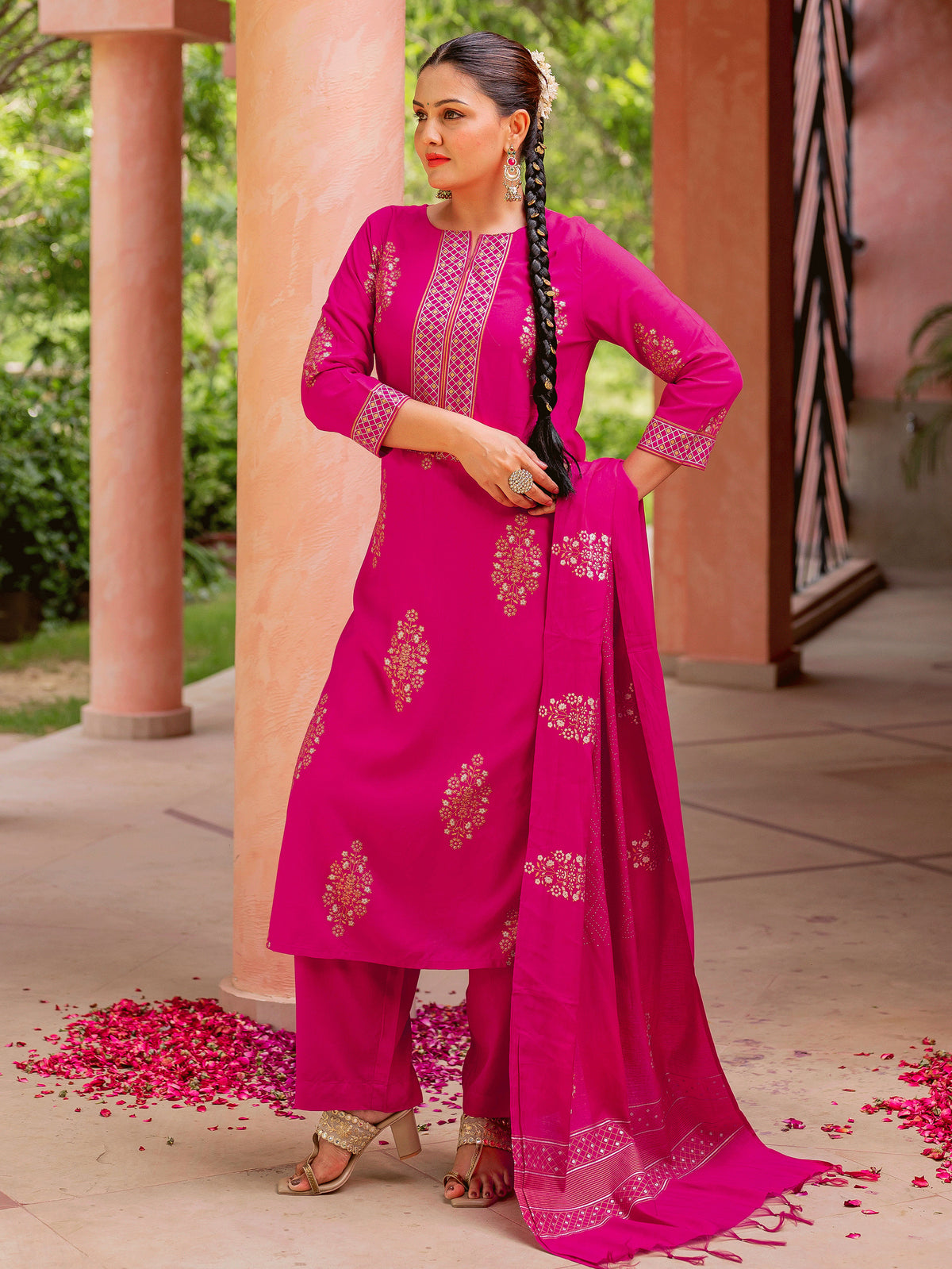 cotton voile gold foil pink dupatta