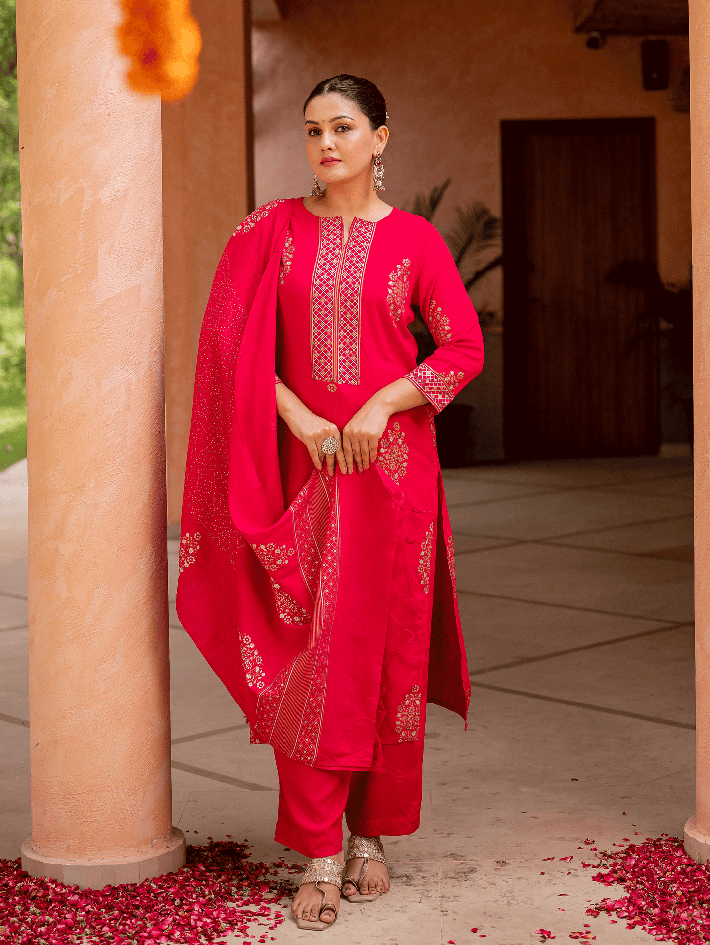 Cotton voile Gold foil Pink Dupatta