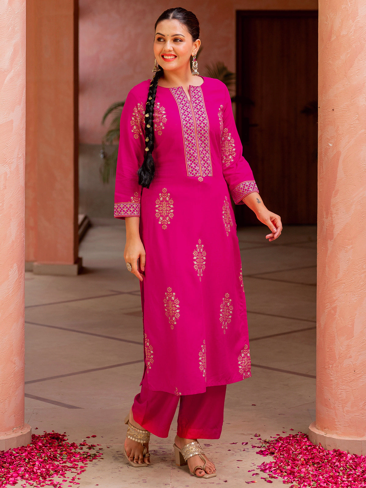 Viscose Gold Foil Straight Pink Kurta
