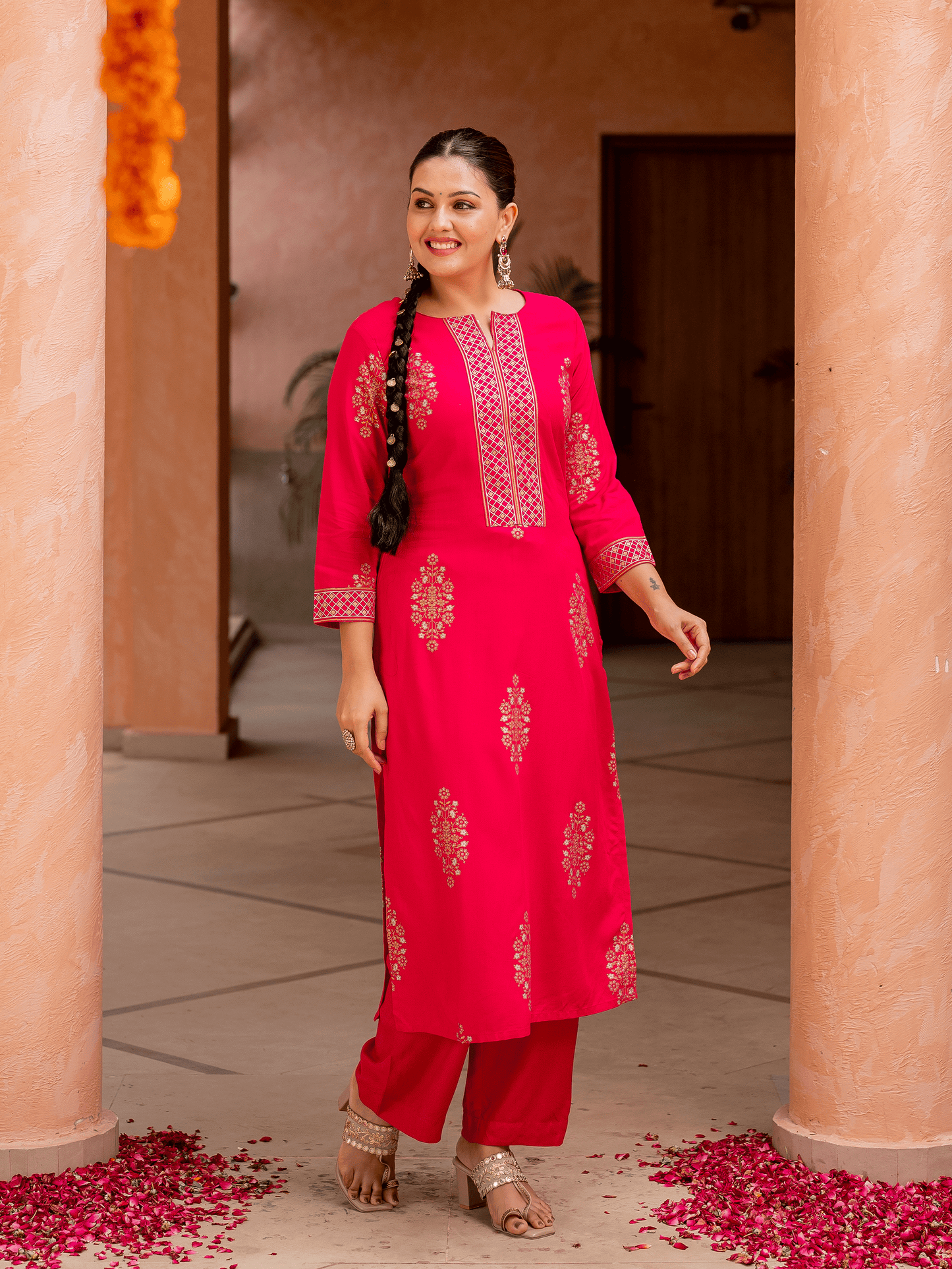 Viscose Gold foil Straight Pink Kurta