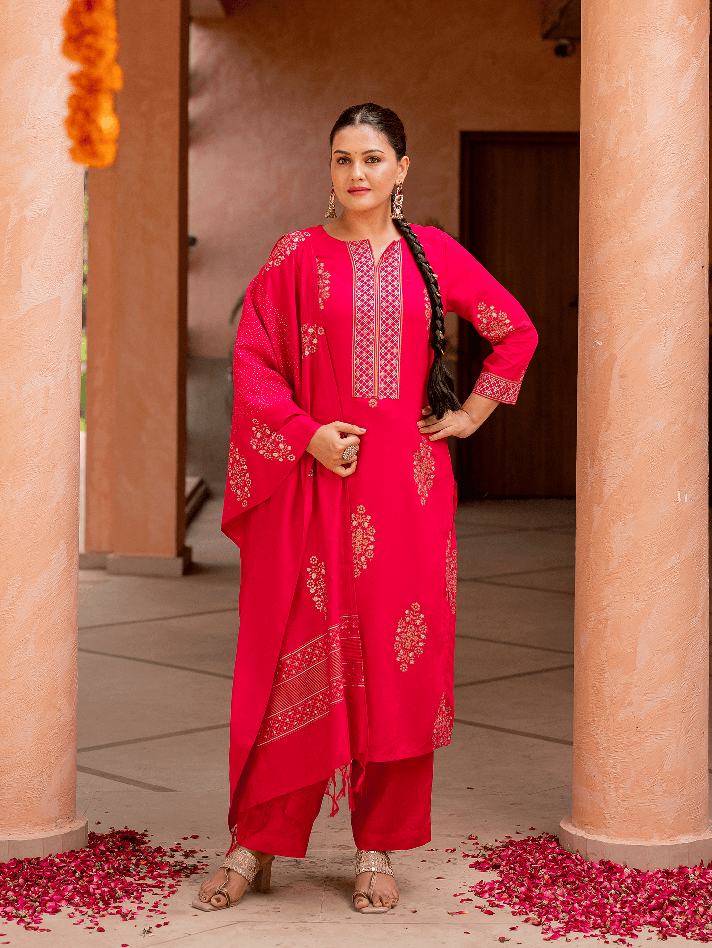 Viscose Gold foil Straight Pink Kurta
