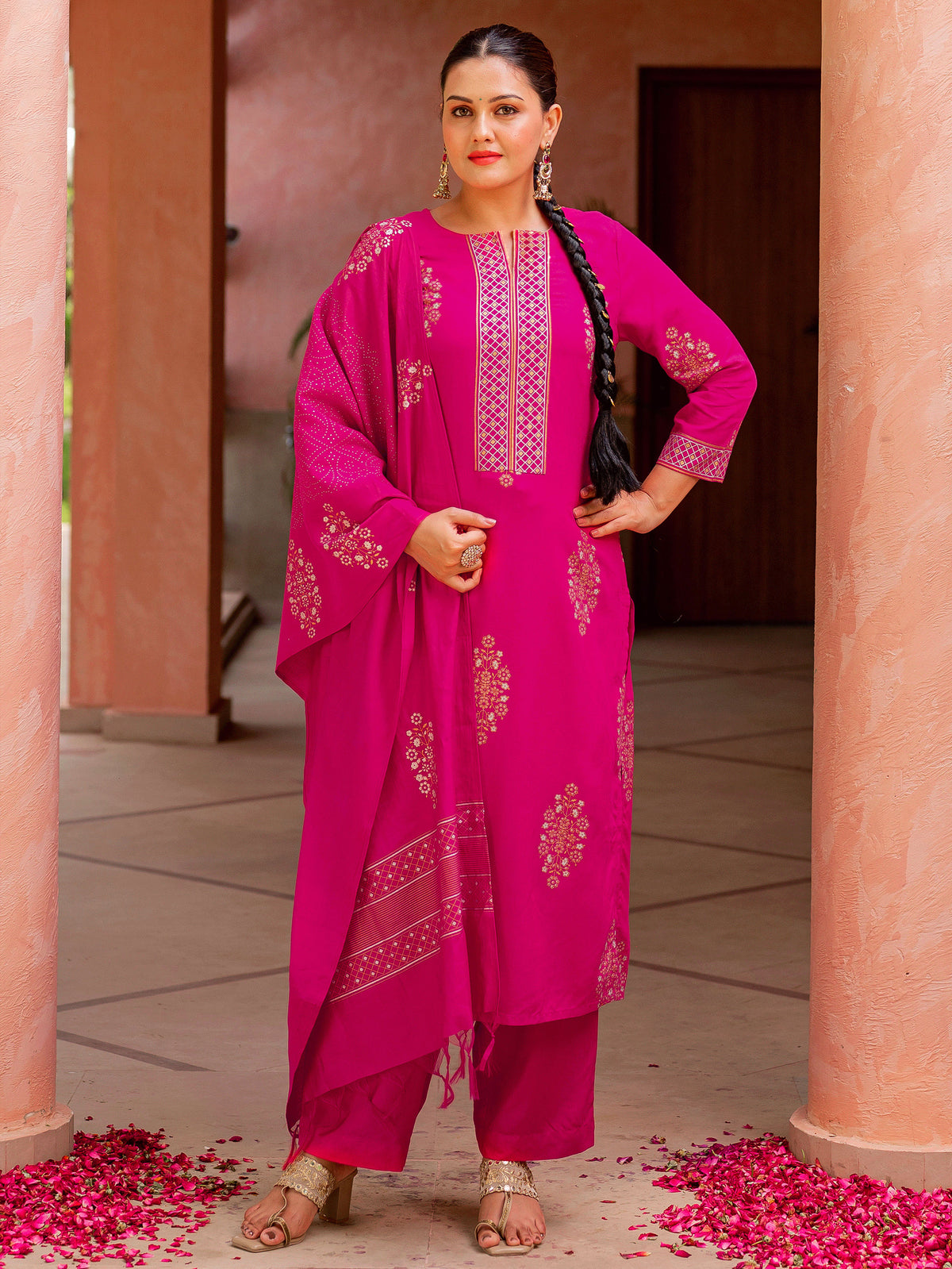 Viscose Gold Foil Straight Pink Kurta