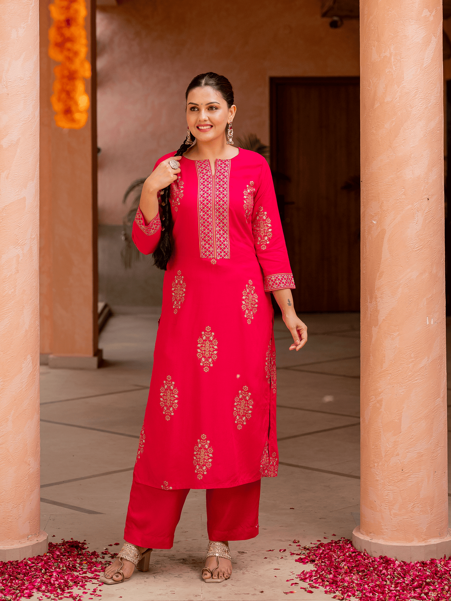 Viscose Gold foil Straight Pink Kurta