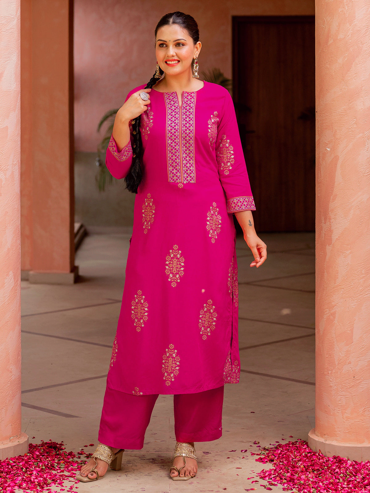 Viscose Gold Foil Straight Pink Kurta