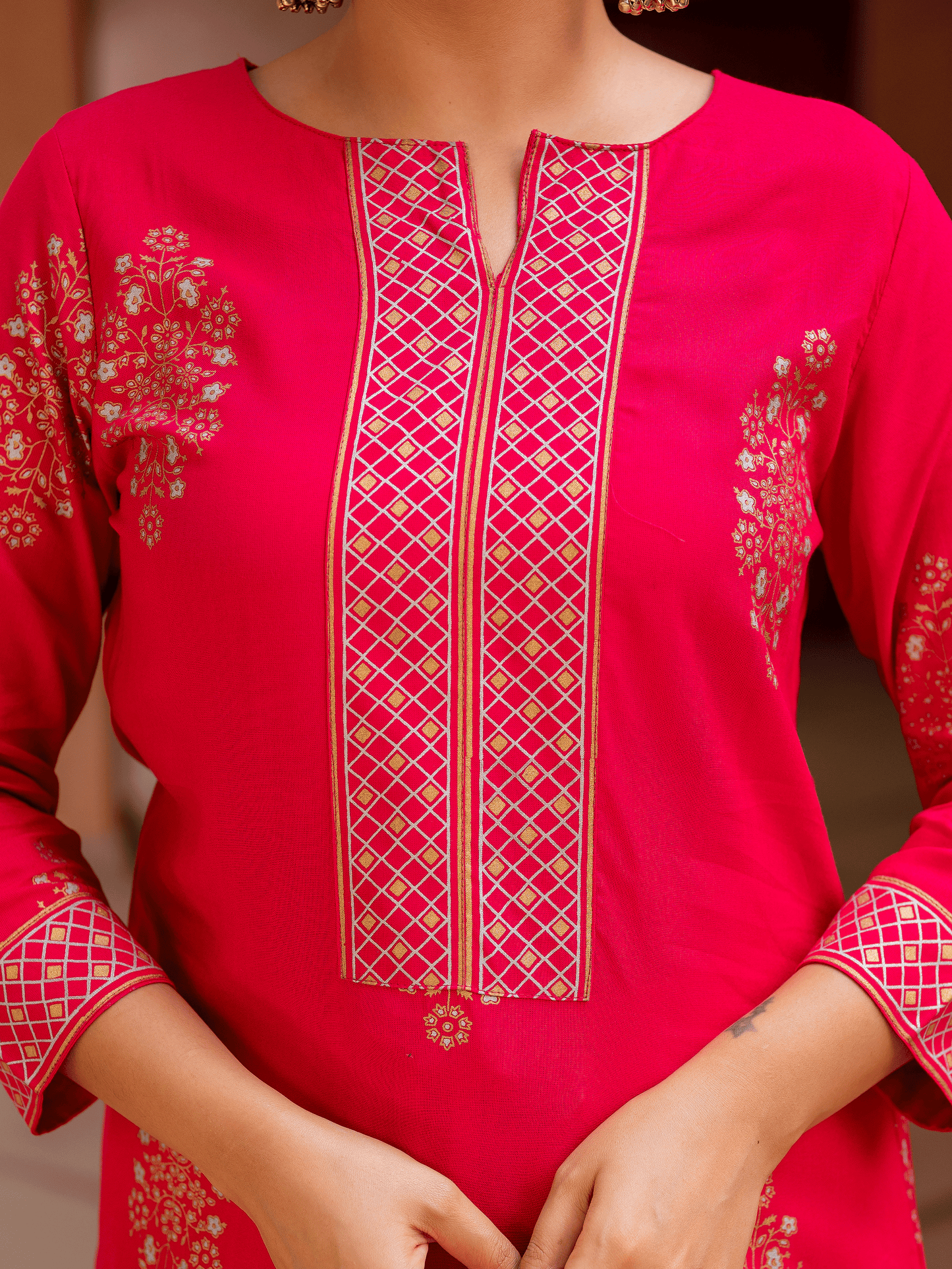 Viscose Gold foil Straight Pink Kurta