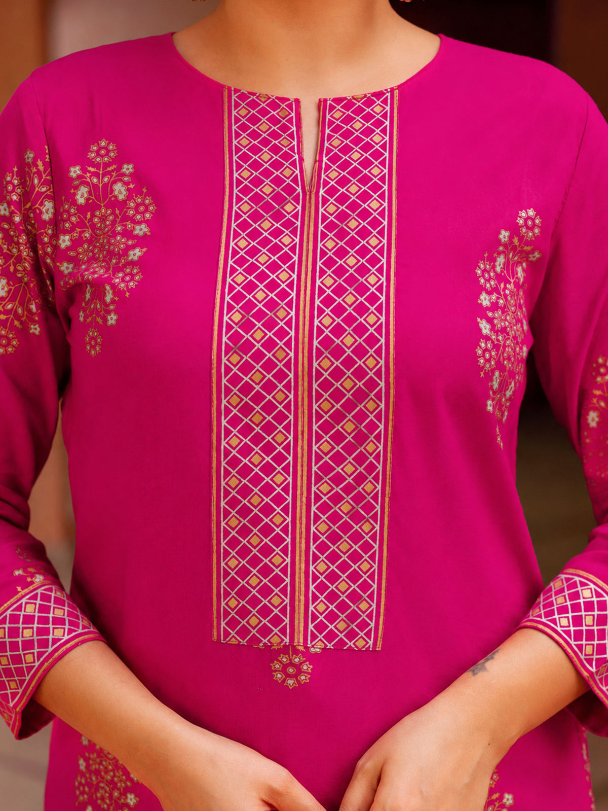 Viscose Gold Foil Straight Pink Kurta