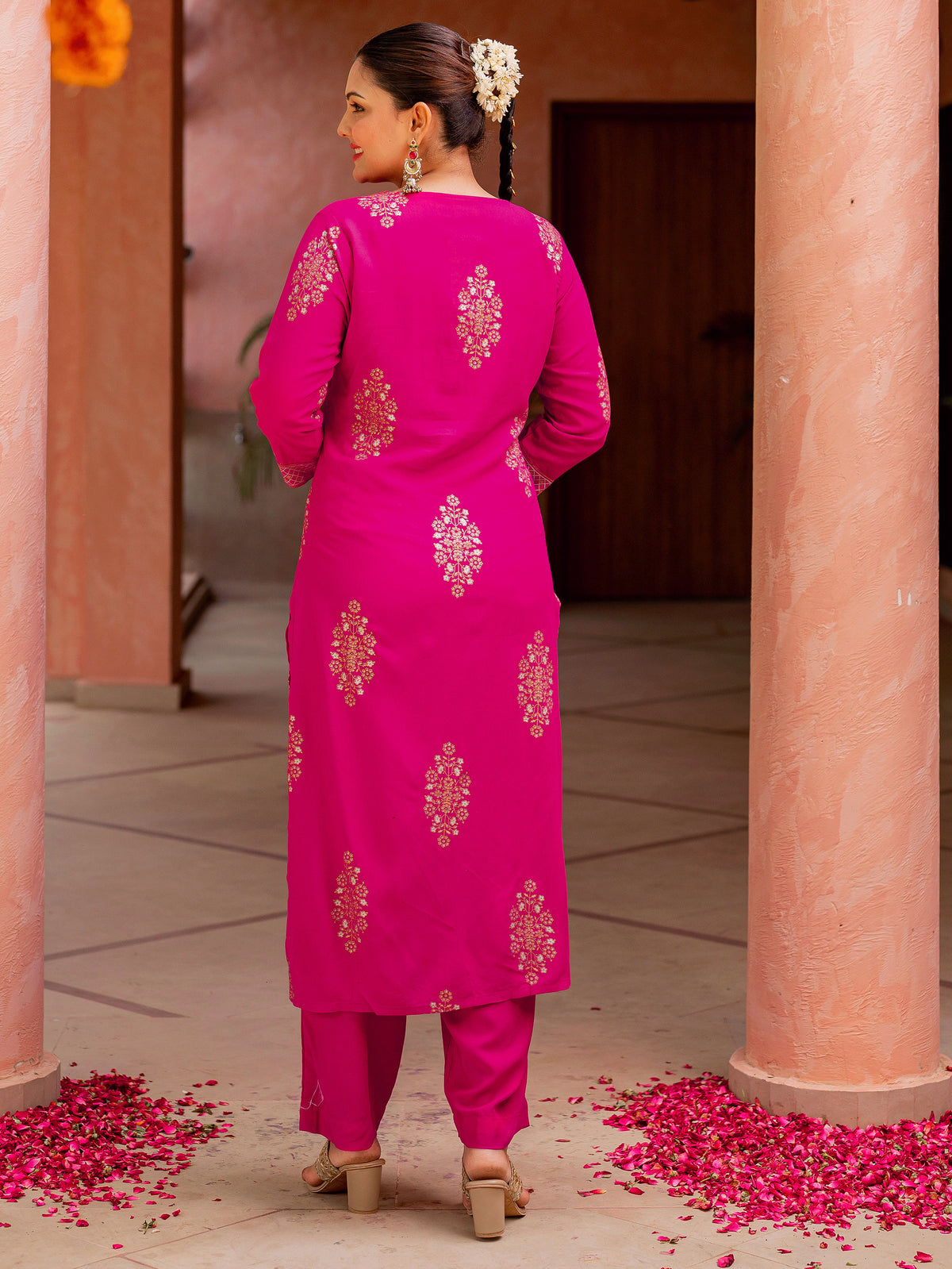 Viscose Gold Foil Straight Pink Kurta