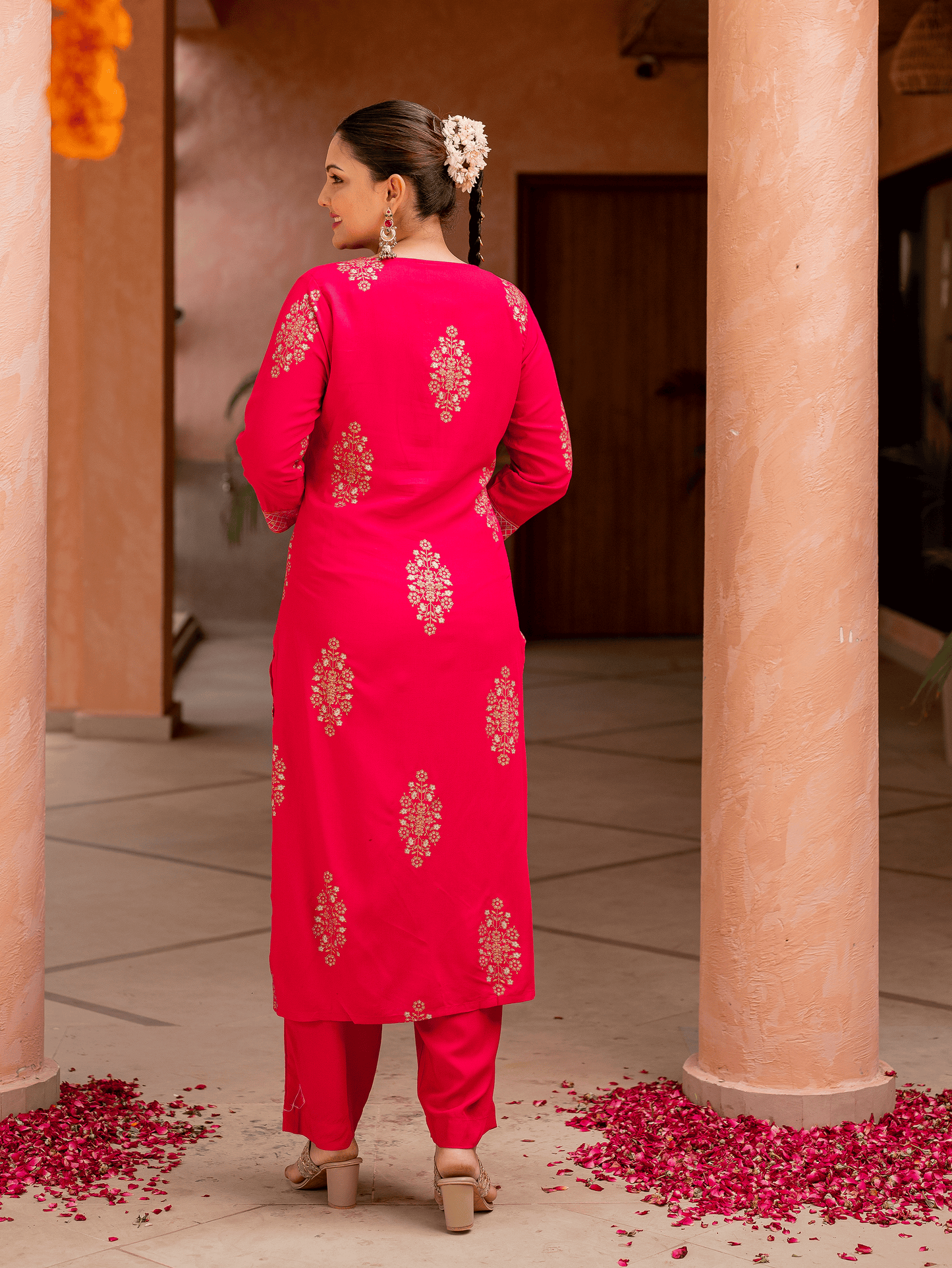 Viscose Gold foil Straight Pink Kurta