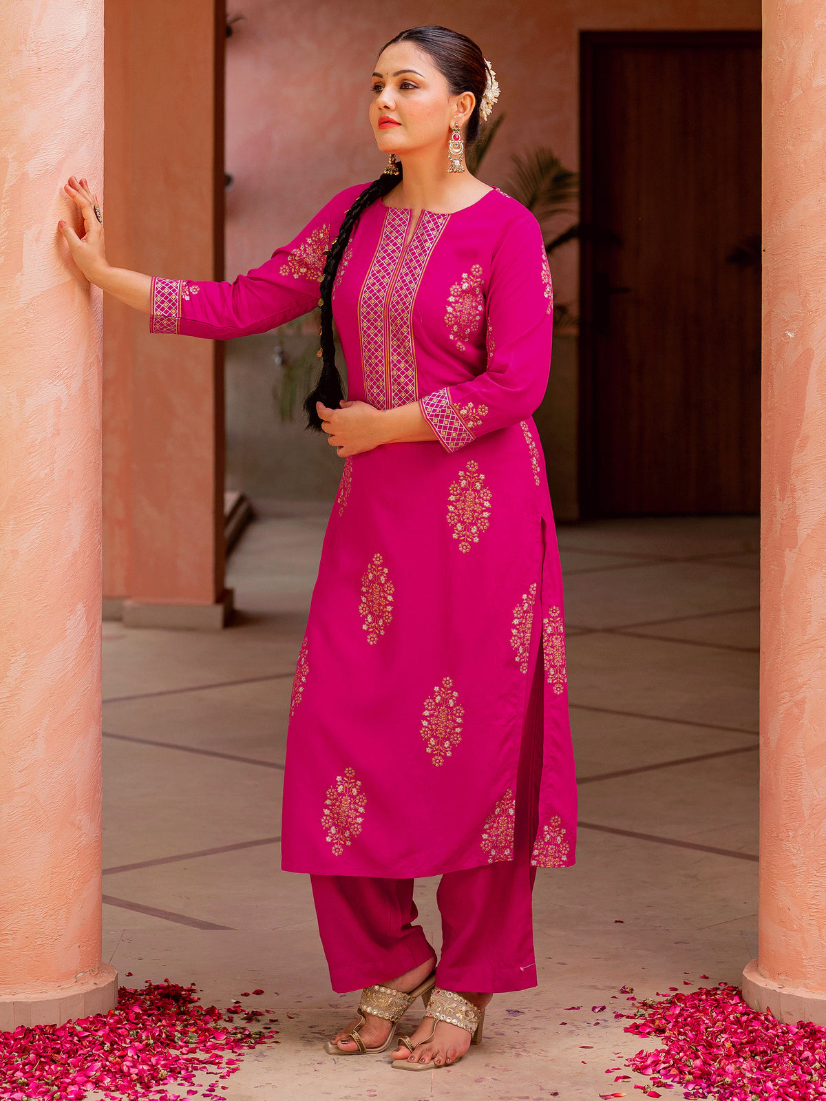 Viscose Gold Foil Straight Pink Kurta