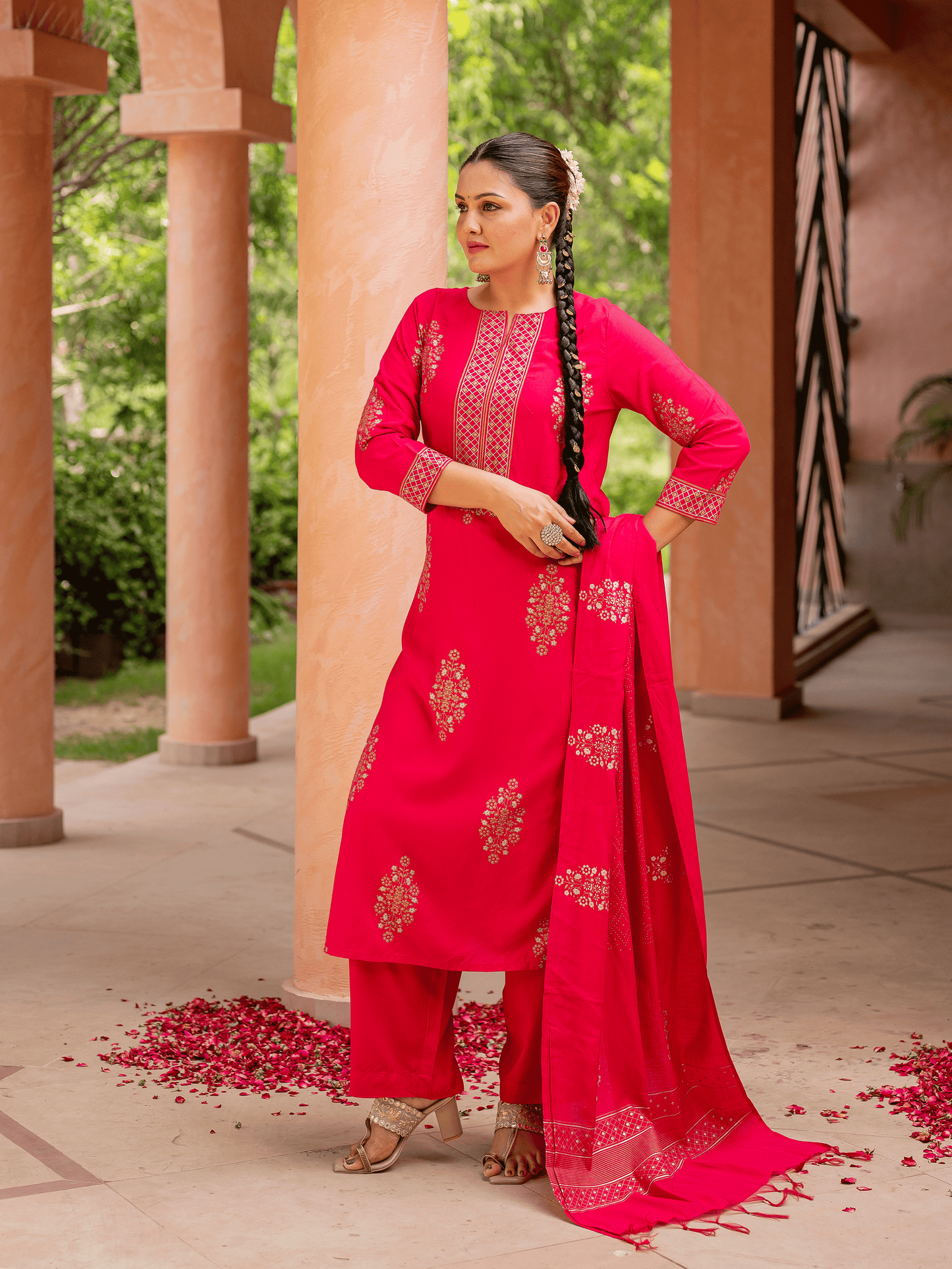 Viscose Gold foil Straight Pink Kurta