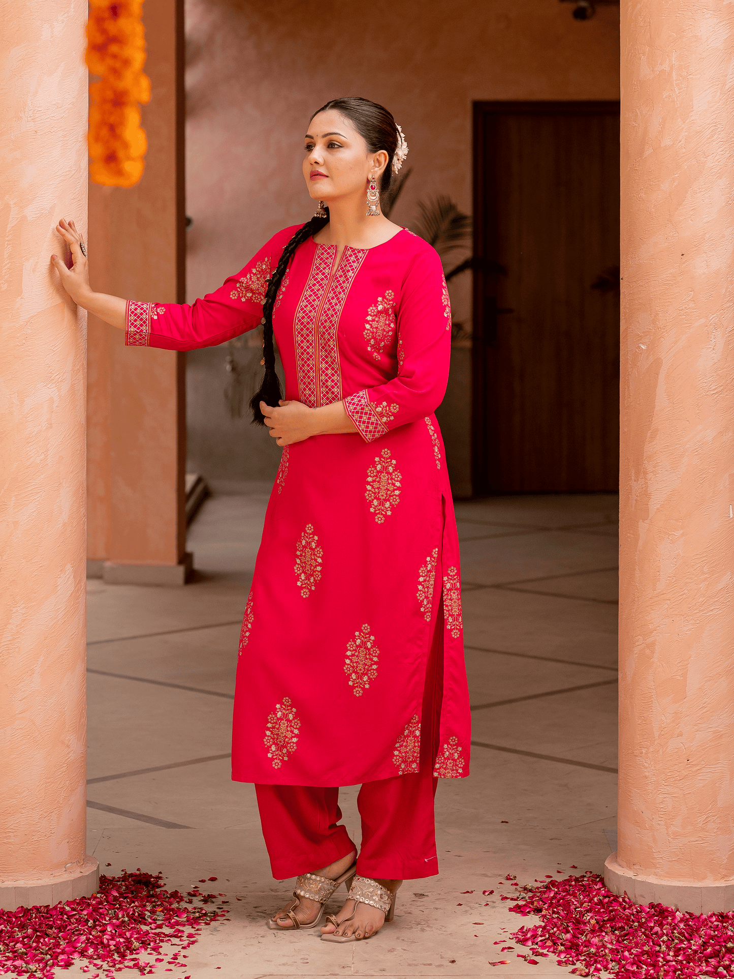 Viscose Gold foil Straight Pink Kurta
