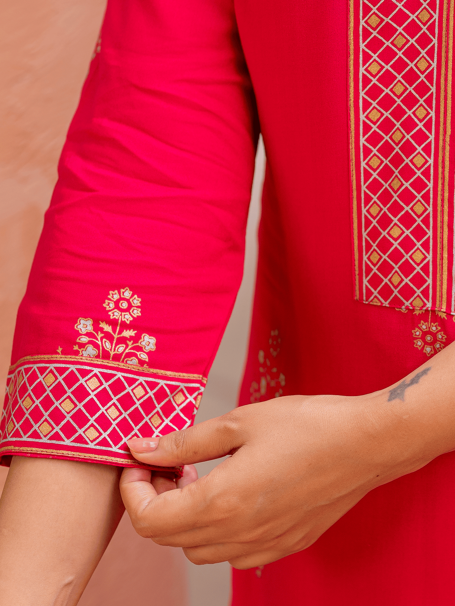 Viscose Gold foil Straight Pink Kurta