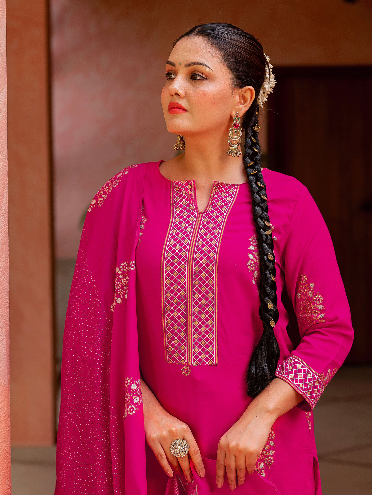 Viscose Gold Foil Straight Pink Kurta
