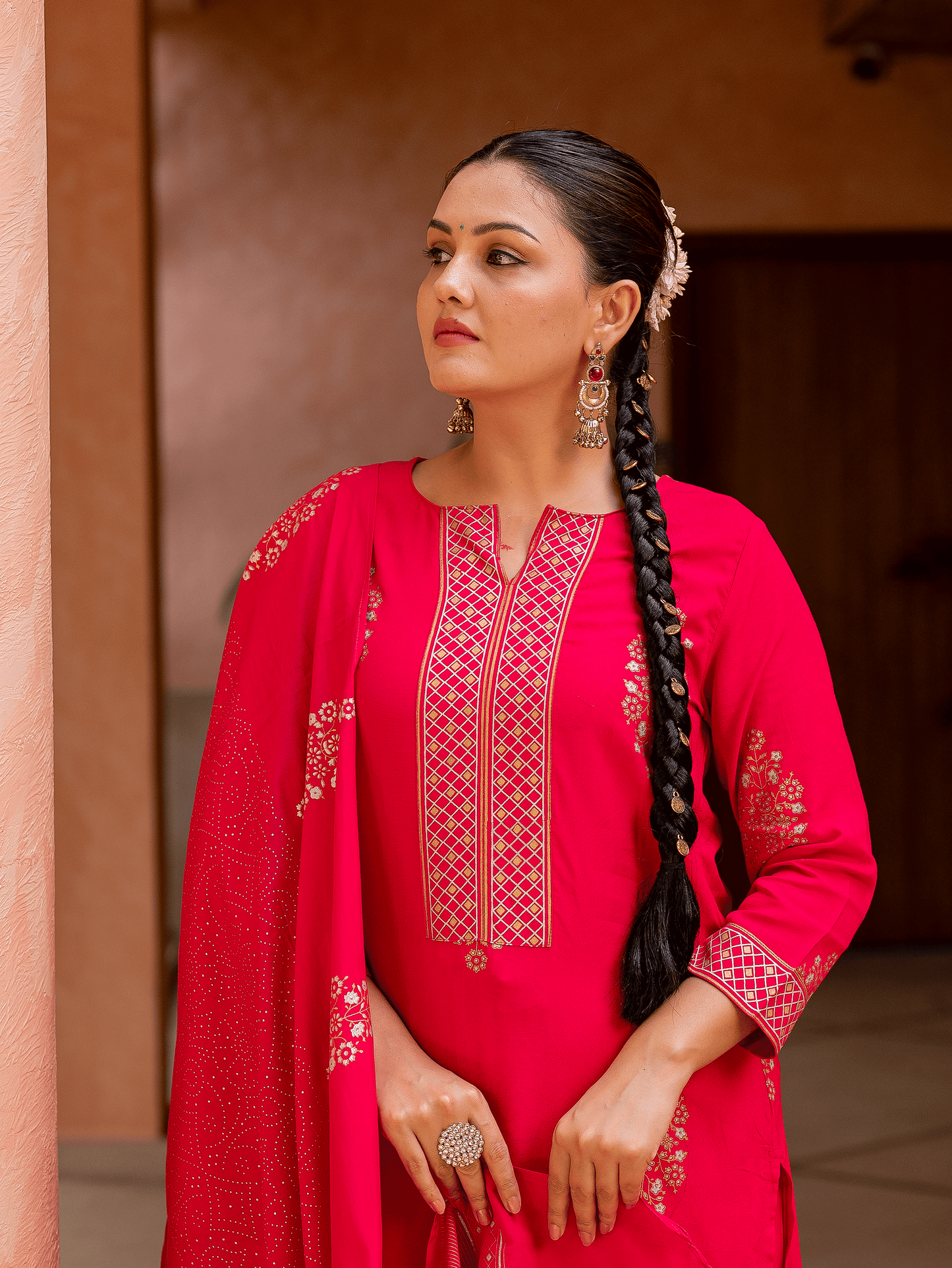 Viscose Gold foil Straight Pink Kurta