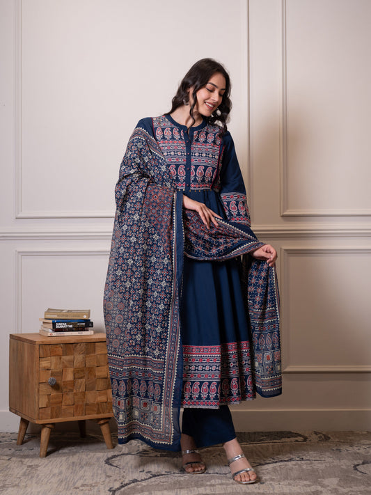 Cotton voile Ajrakh Blue Dupatta