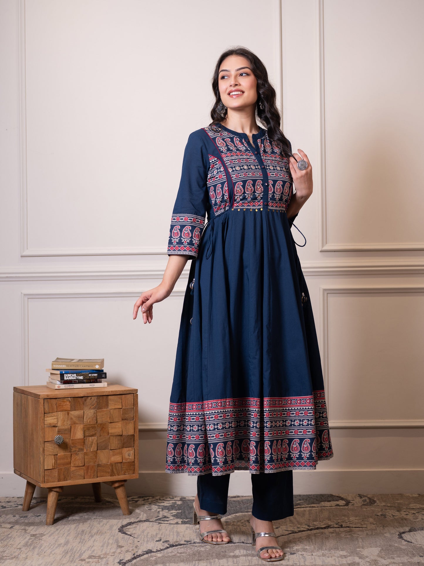 Embroidered Soft cotton Solid Anarkali Blue Kurta